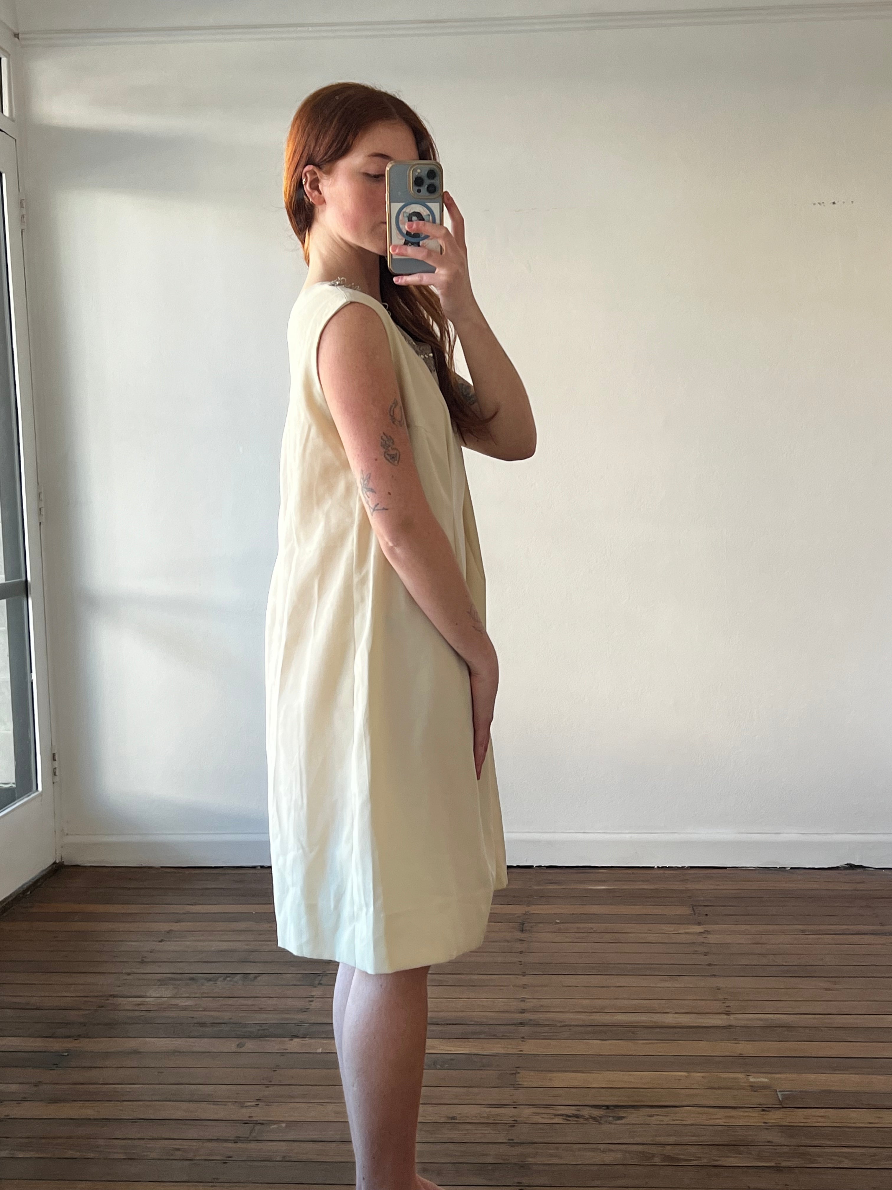 60s Art Deco Metallic Trim Neckline Shift Mini