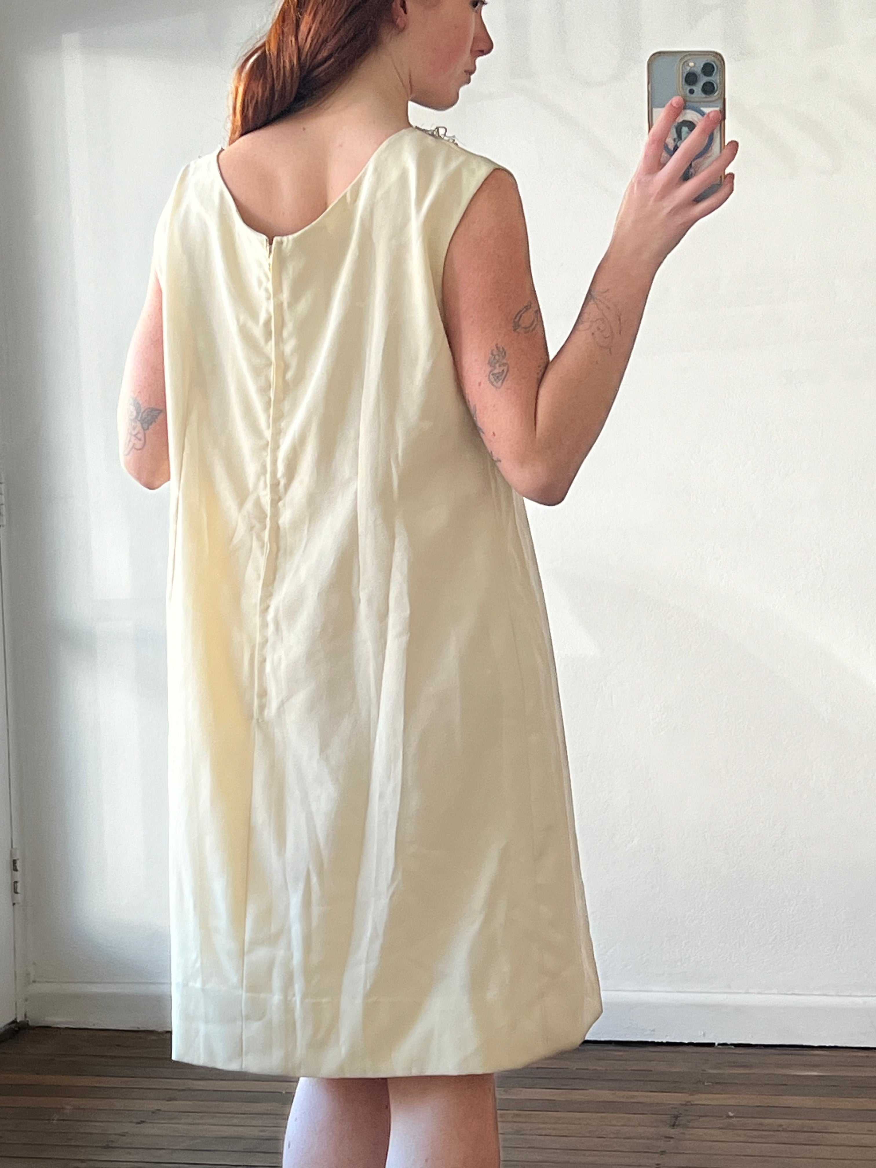 60s Art Deco Metallic Trim Neckline Shift Mini