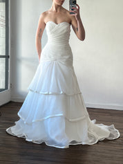 2000s Strapless Asymmetrical Organza Satin Trim Trumpet Dress