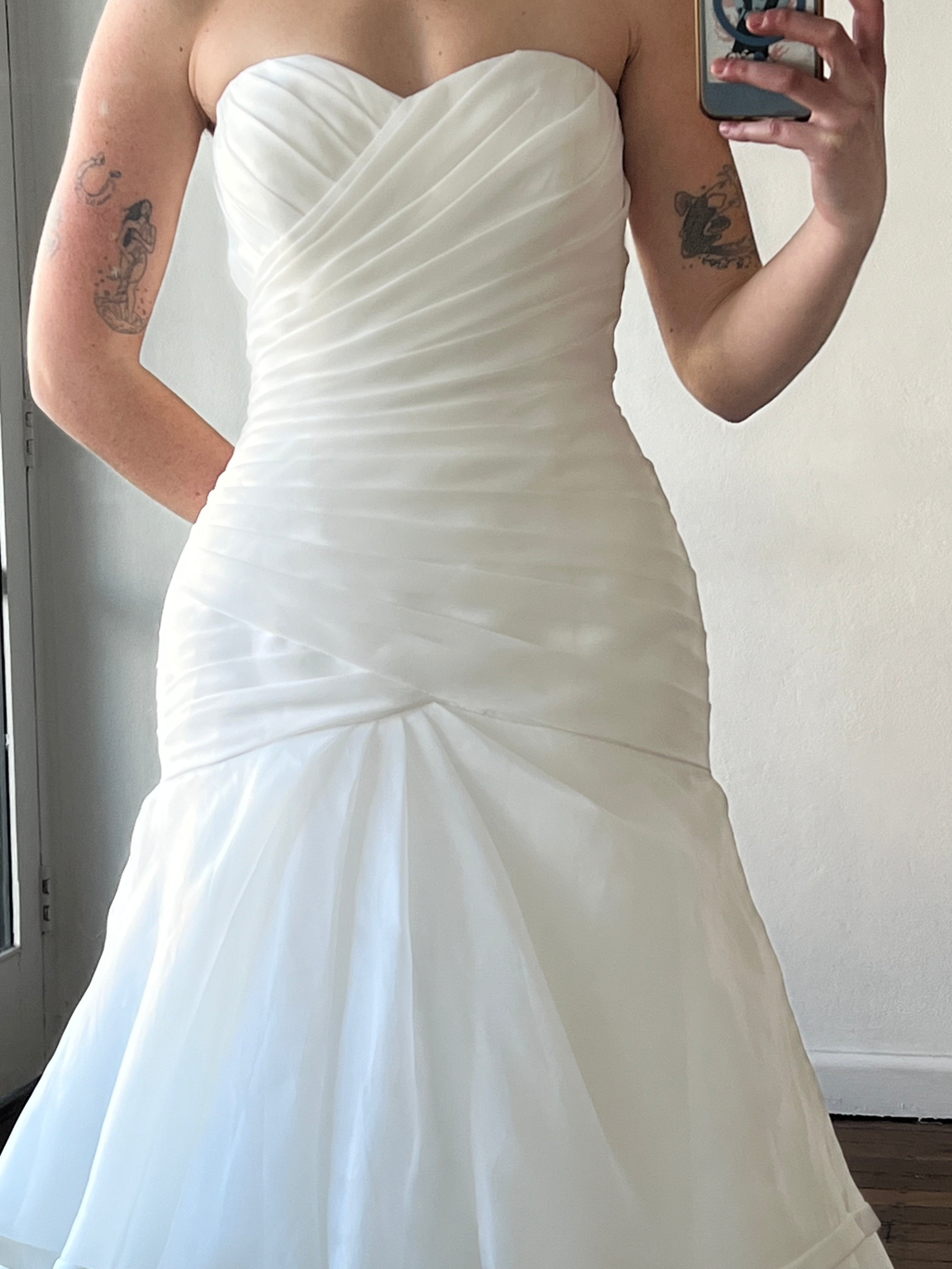 2000s Strapless Asymmetrical Organza Satin Trim Trumpet Dress