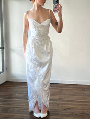 90s Backless Beaded Lace Column with Detachable Train
