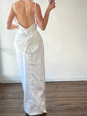 90s Backless Beaded Lace Column with Detachable Train