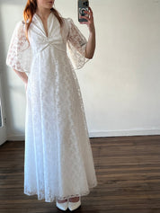70s Lace Flare Sleeve Rhinestone Detail Dress
