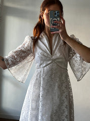 70s Lace Flare Sleeve Rhinestone Detail Dress
