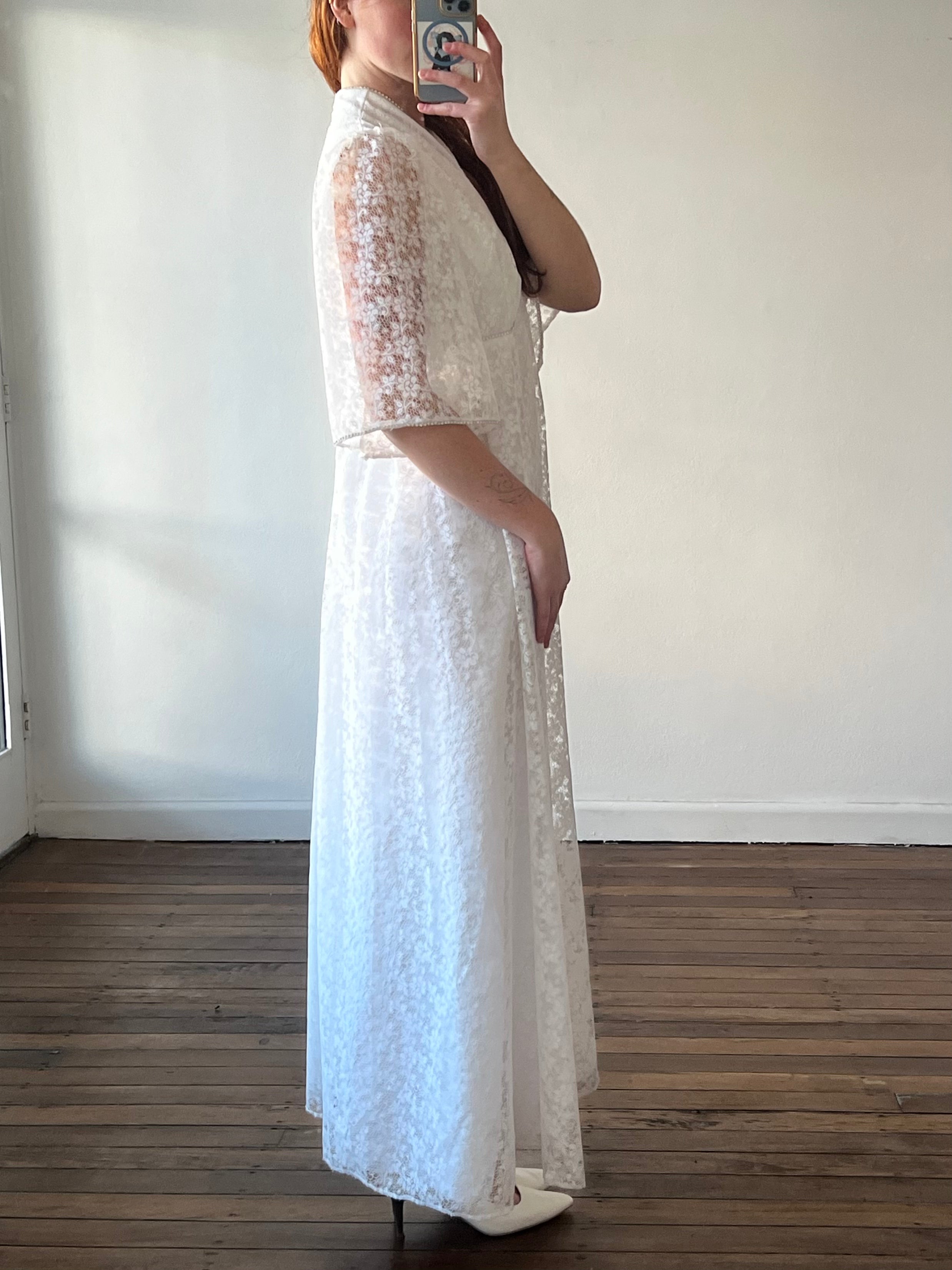 70s Lace Flare Sleeve Rhinestone Detail Dress