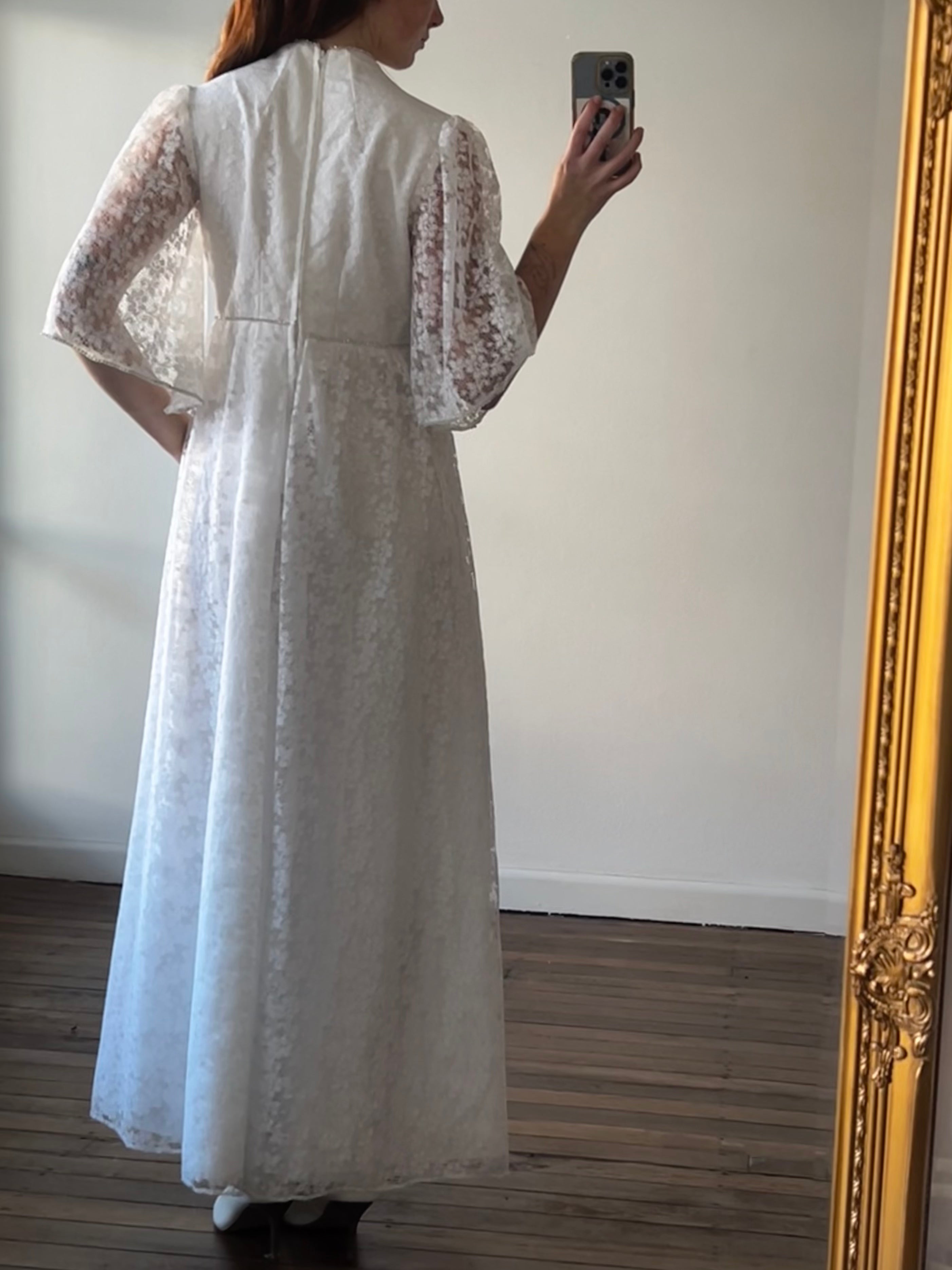70s Lace Flare Sleeve Rhinestone Detail Dress