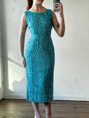 60s Hand Beaded Azure Silk Sheath Dress