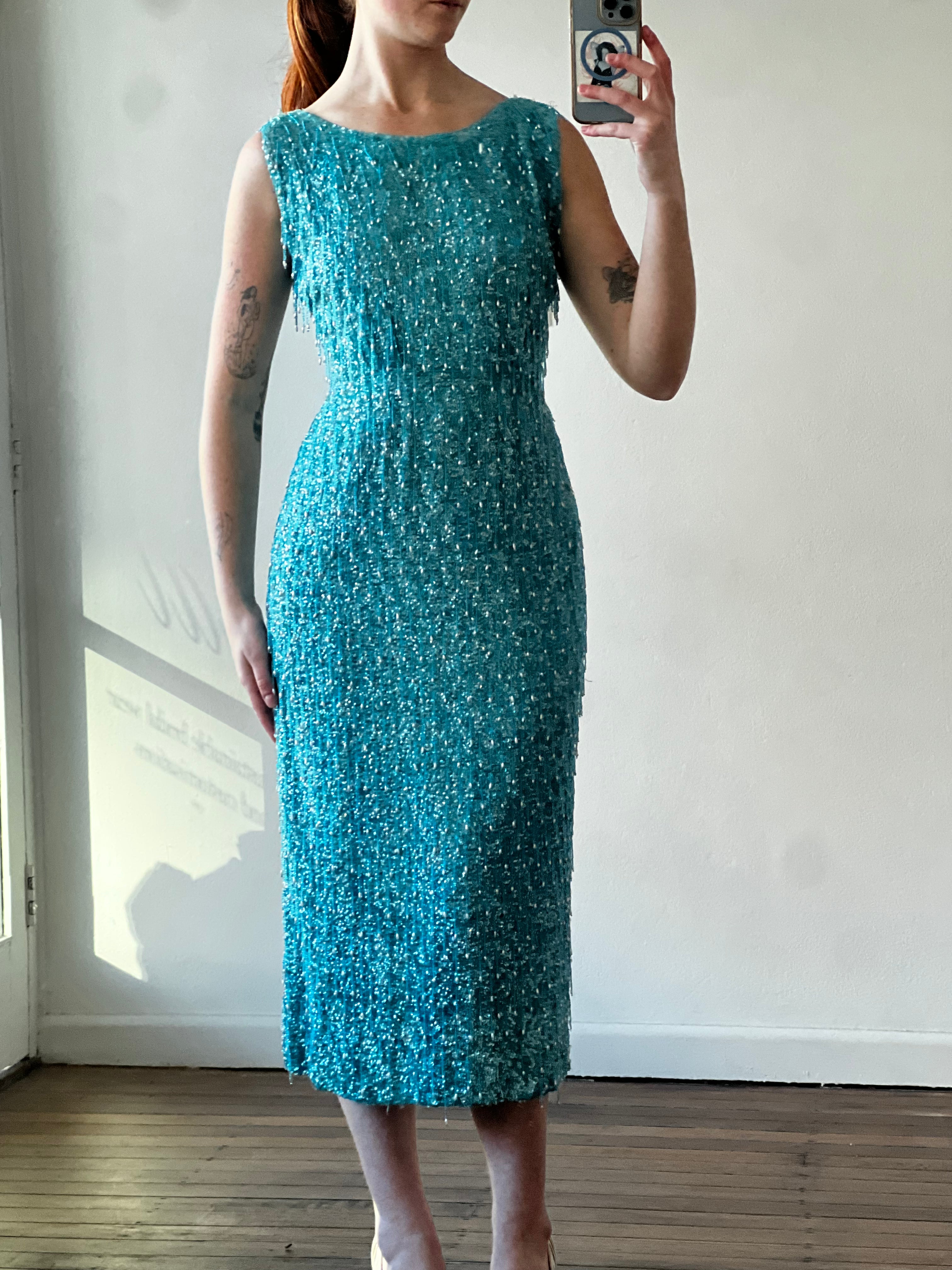 60s Hand Beaded Azure Silk Sheath Dress