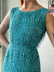 60s Hand Beaded Azure Silk Sheath Dress