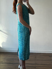 60s Hand Beaded Azure Silk Sheath Dress
