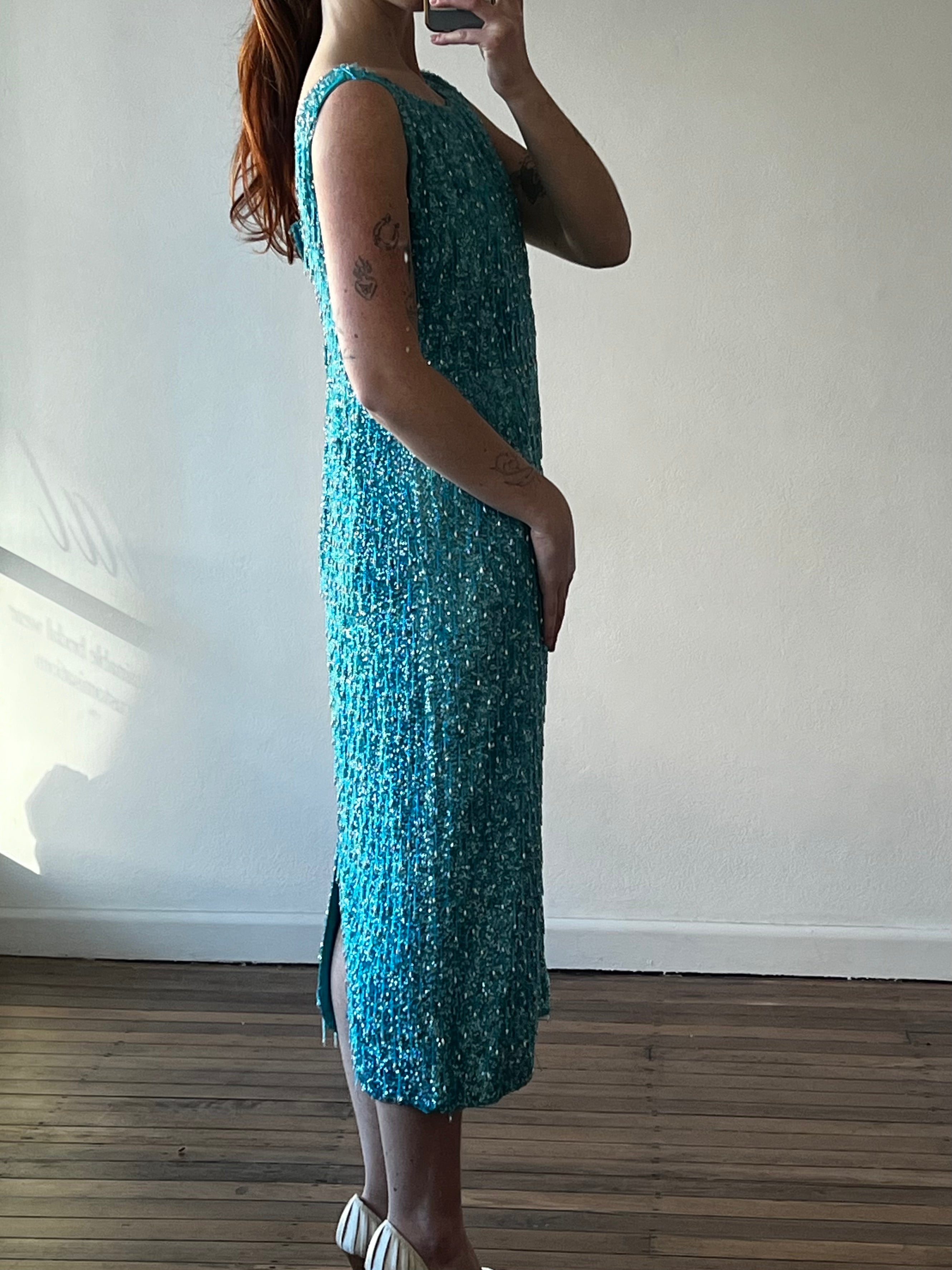 60s Hand Beaded Azure Silk Sheath Dress