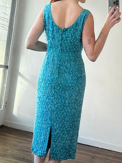60s Hand Beaded Azure Silk Sheath Dress