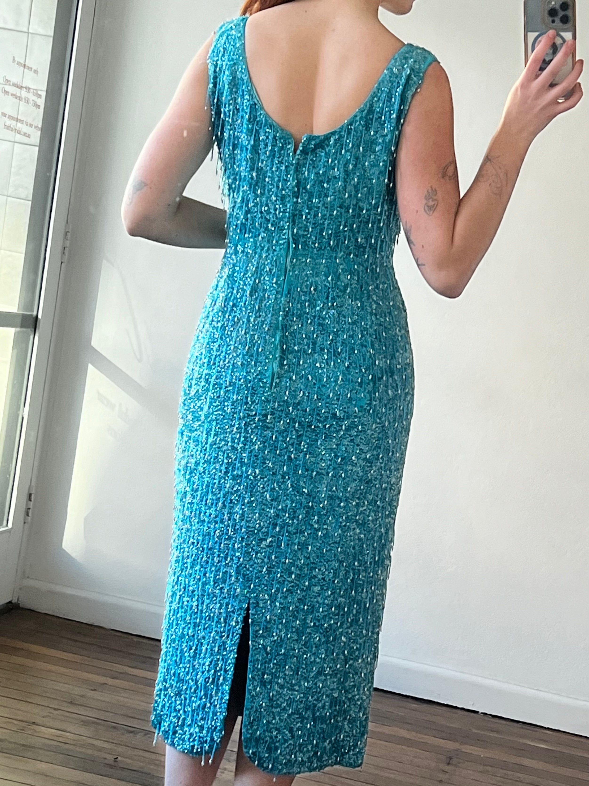 60s Hand Beaded Azure Silk Sheath Dress
