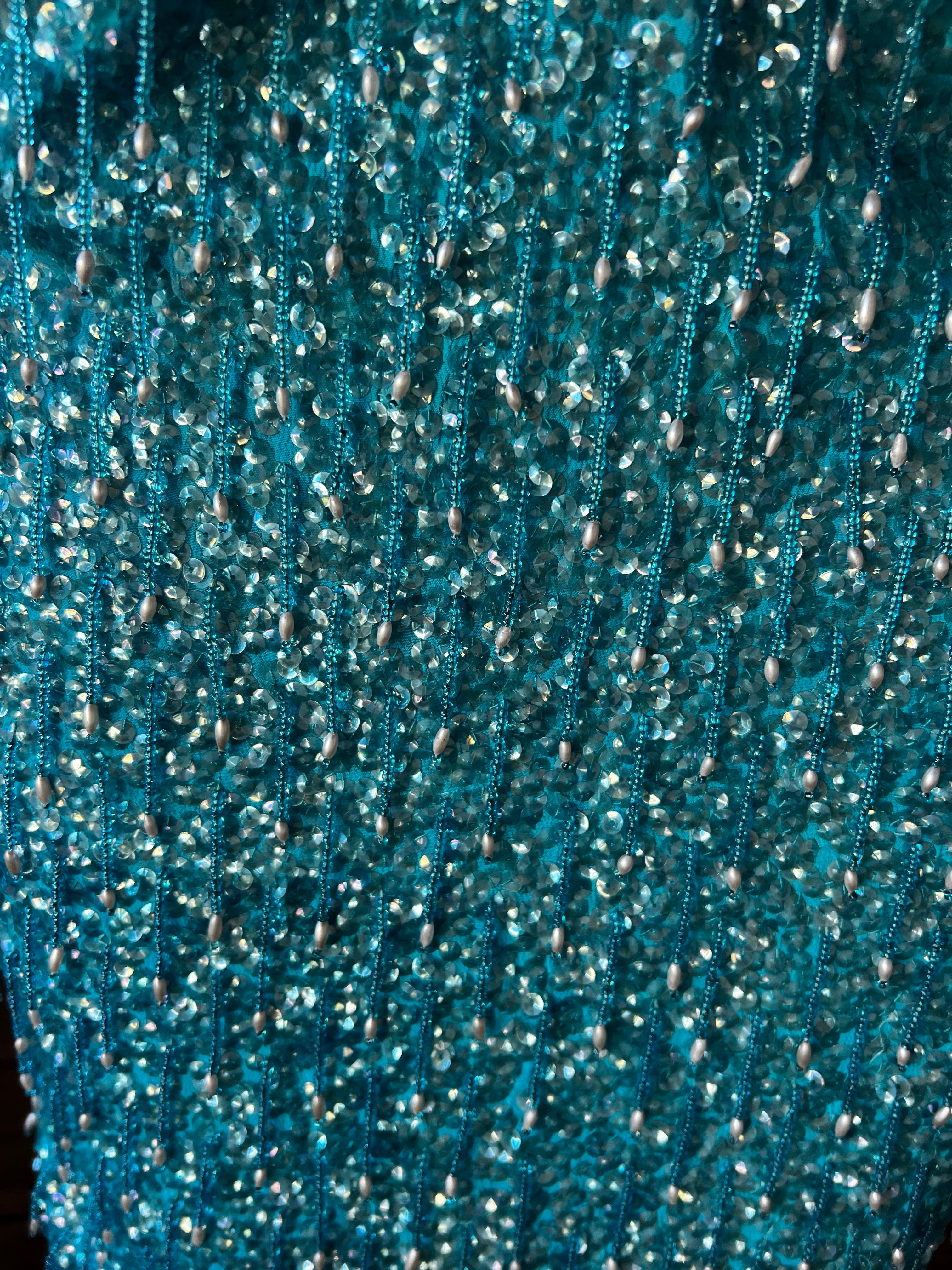60s Hand Beaded Azure Silk Sheath Dress