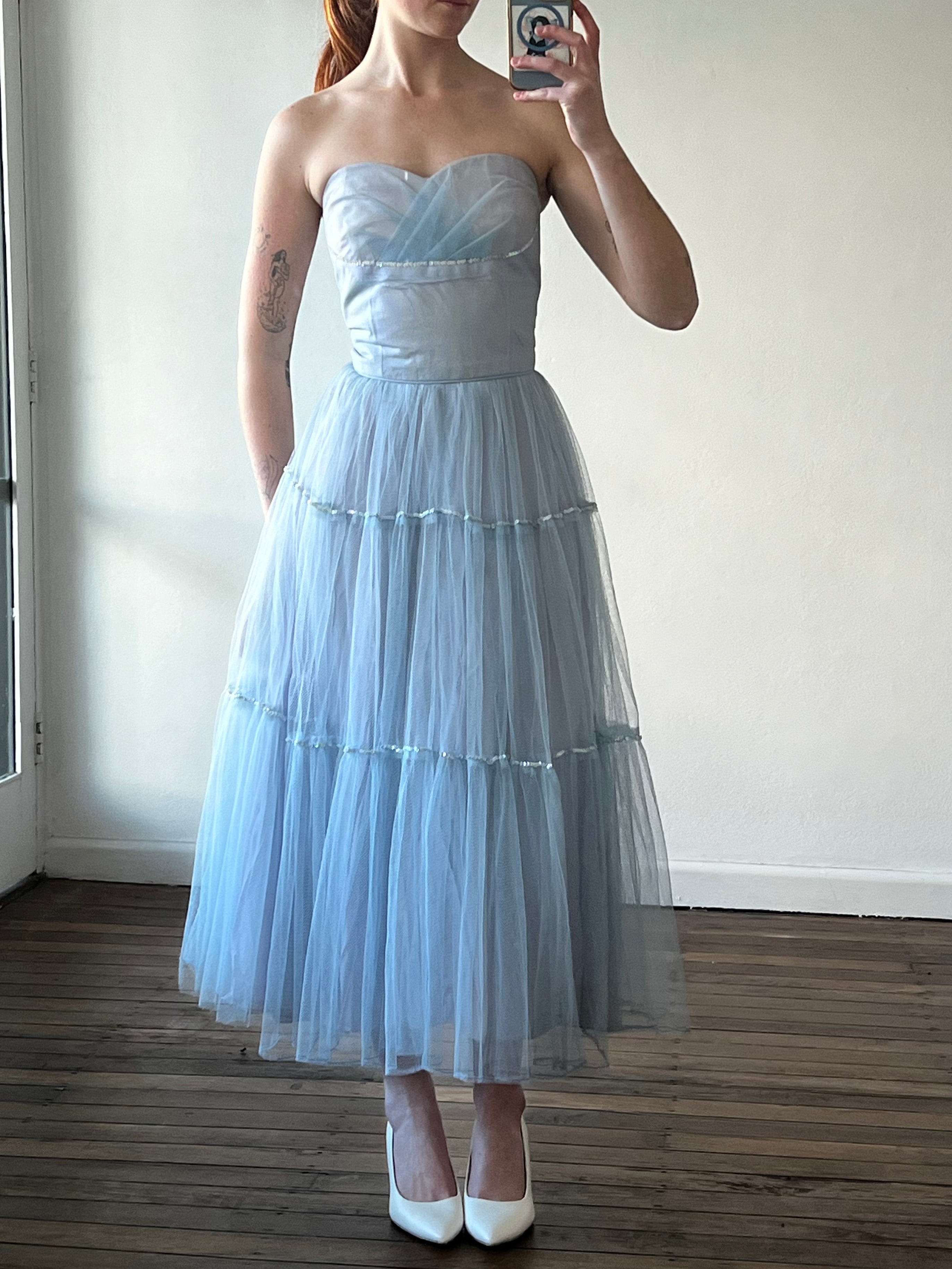 50s Periwinkle Strapless Tulle Ballerina Dress