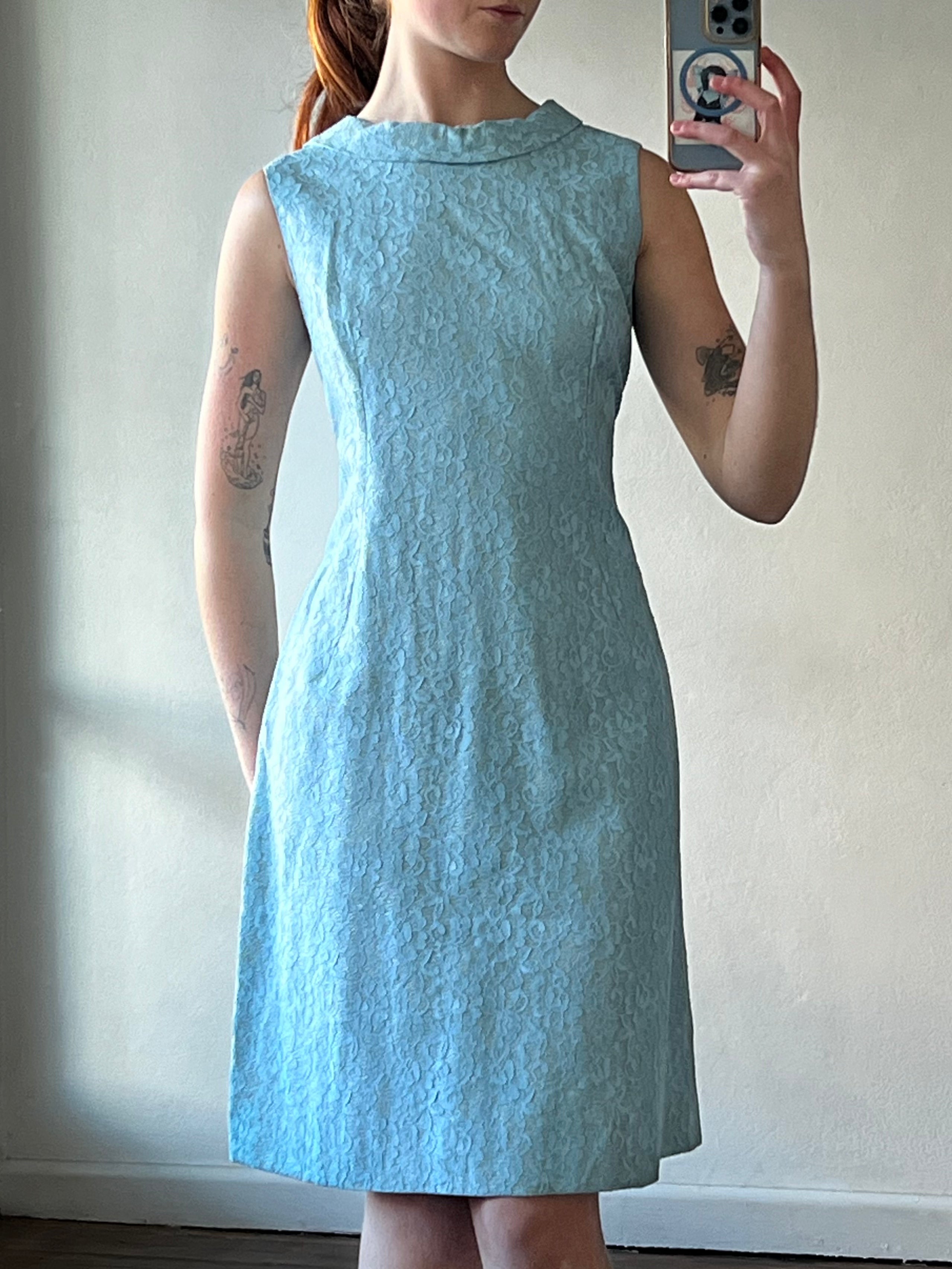 60s Silver Lamé Sky Blue Alençon Lace Shift Mini