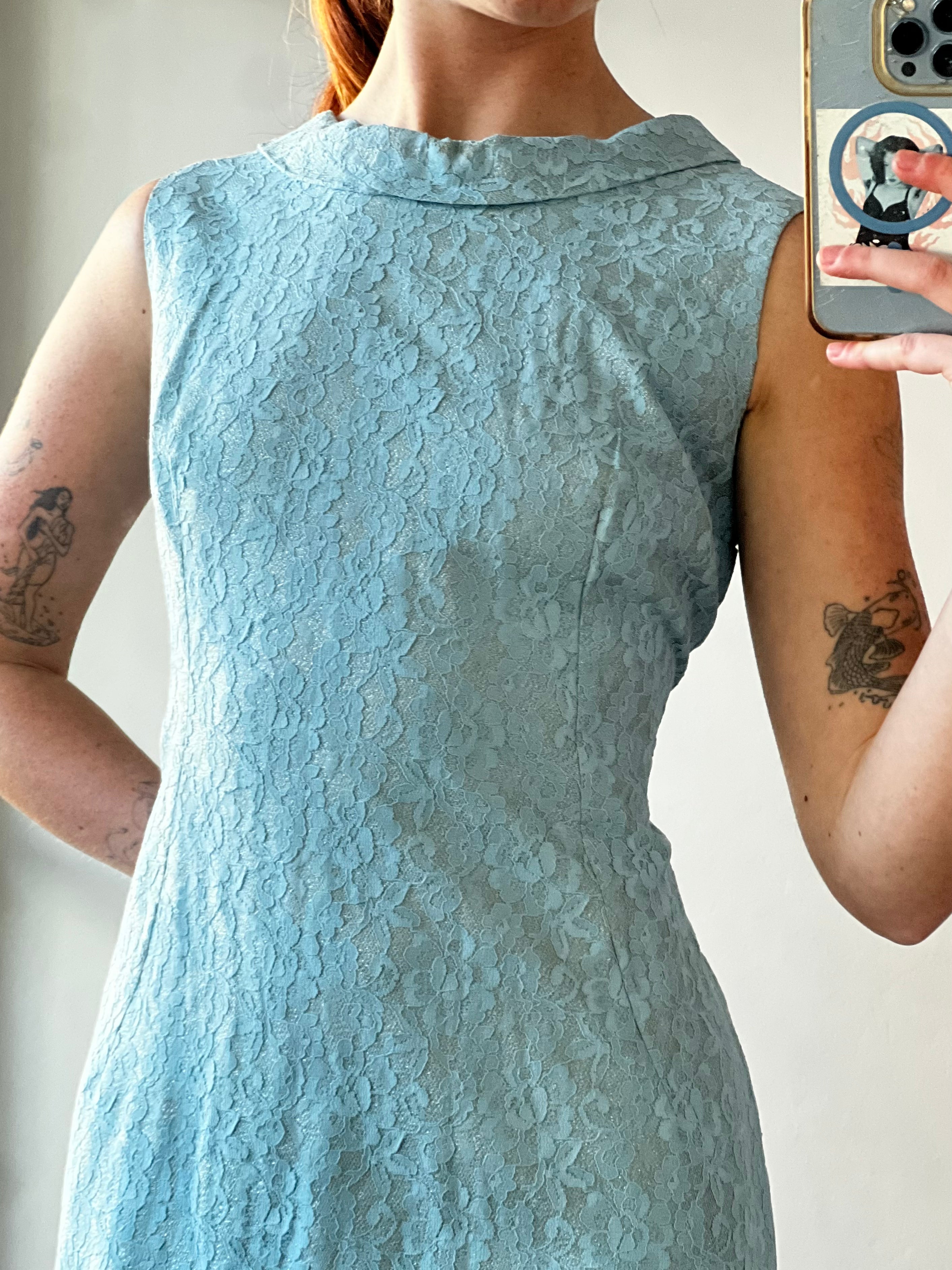 60s Silver Lamé Sky Blue Alençon Lace Shift Mini