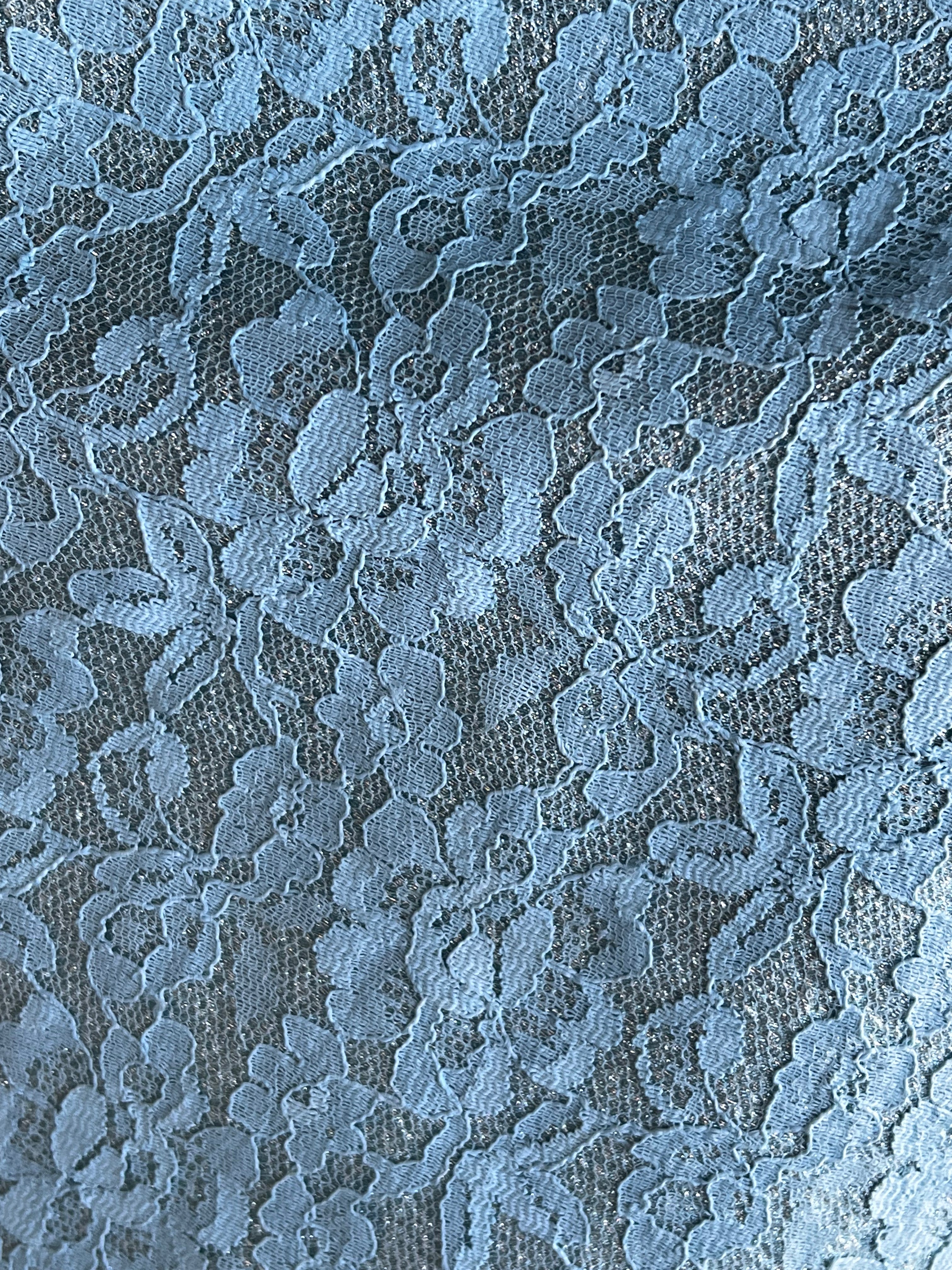 60s Silver Lamé Sky Blue Alençon Lace Shift Mini