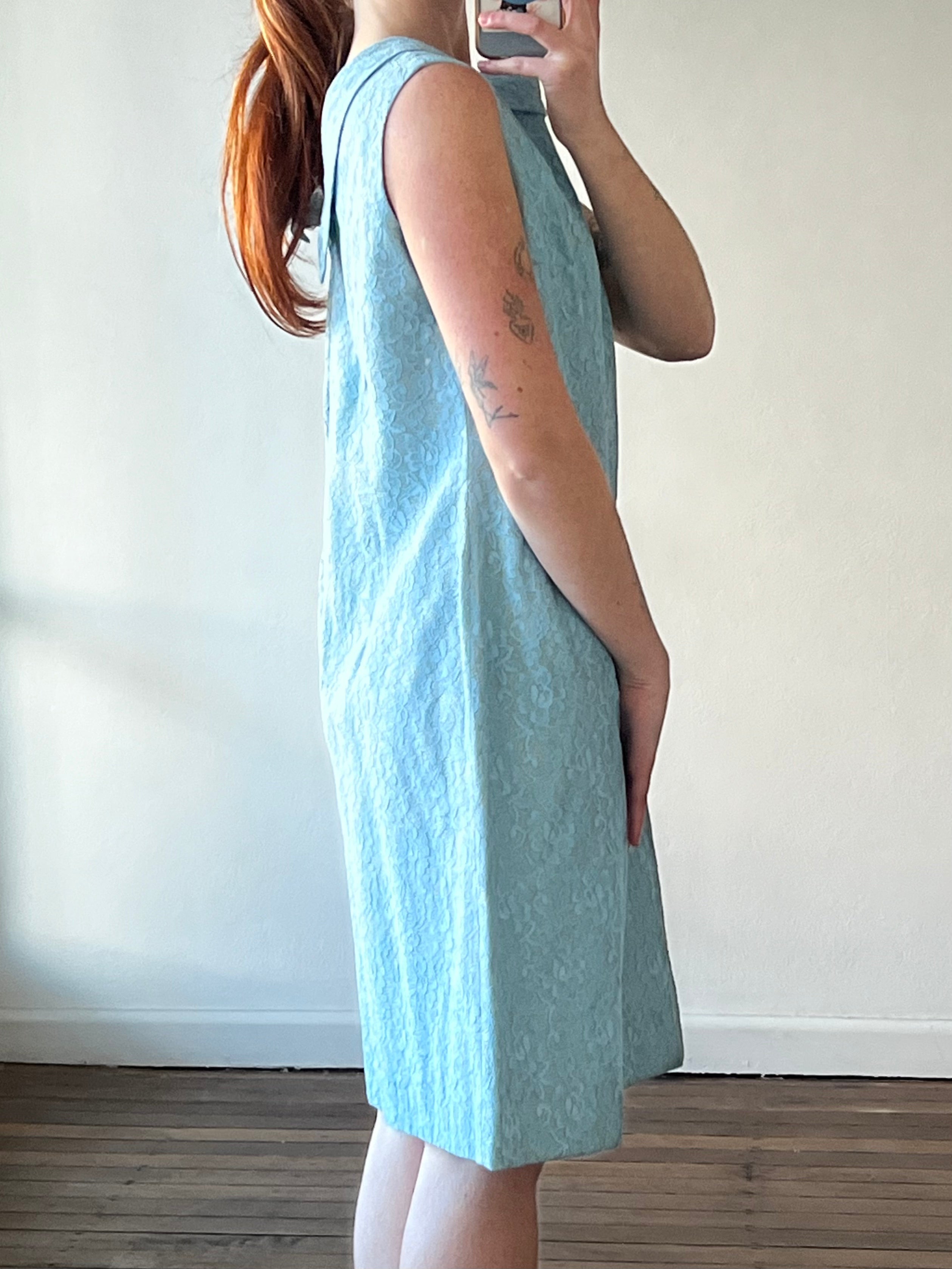60s Silver Lamé Sky Blue Alençon Lace Shift Mini