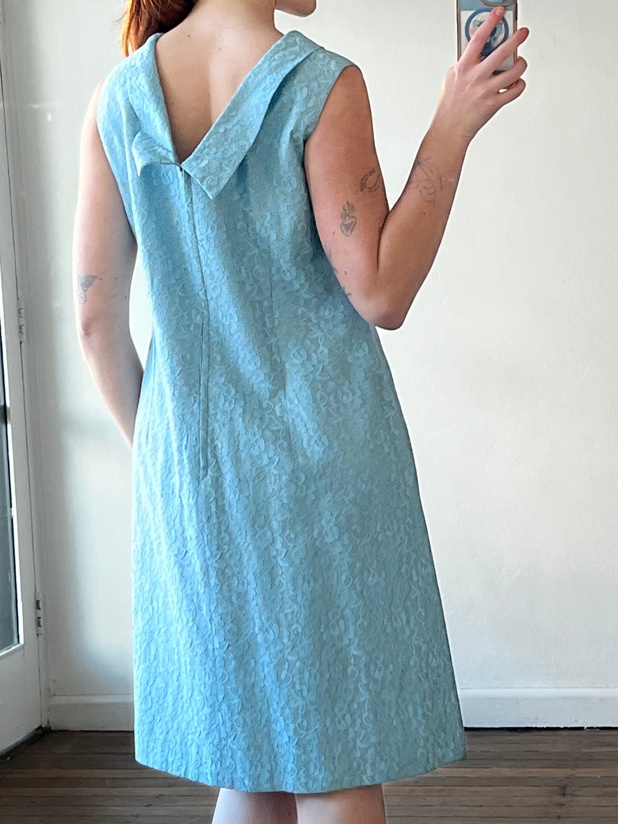 60s Silver Lamé Sky Blue Alençon Lace Shift Mini