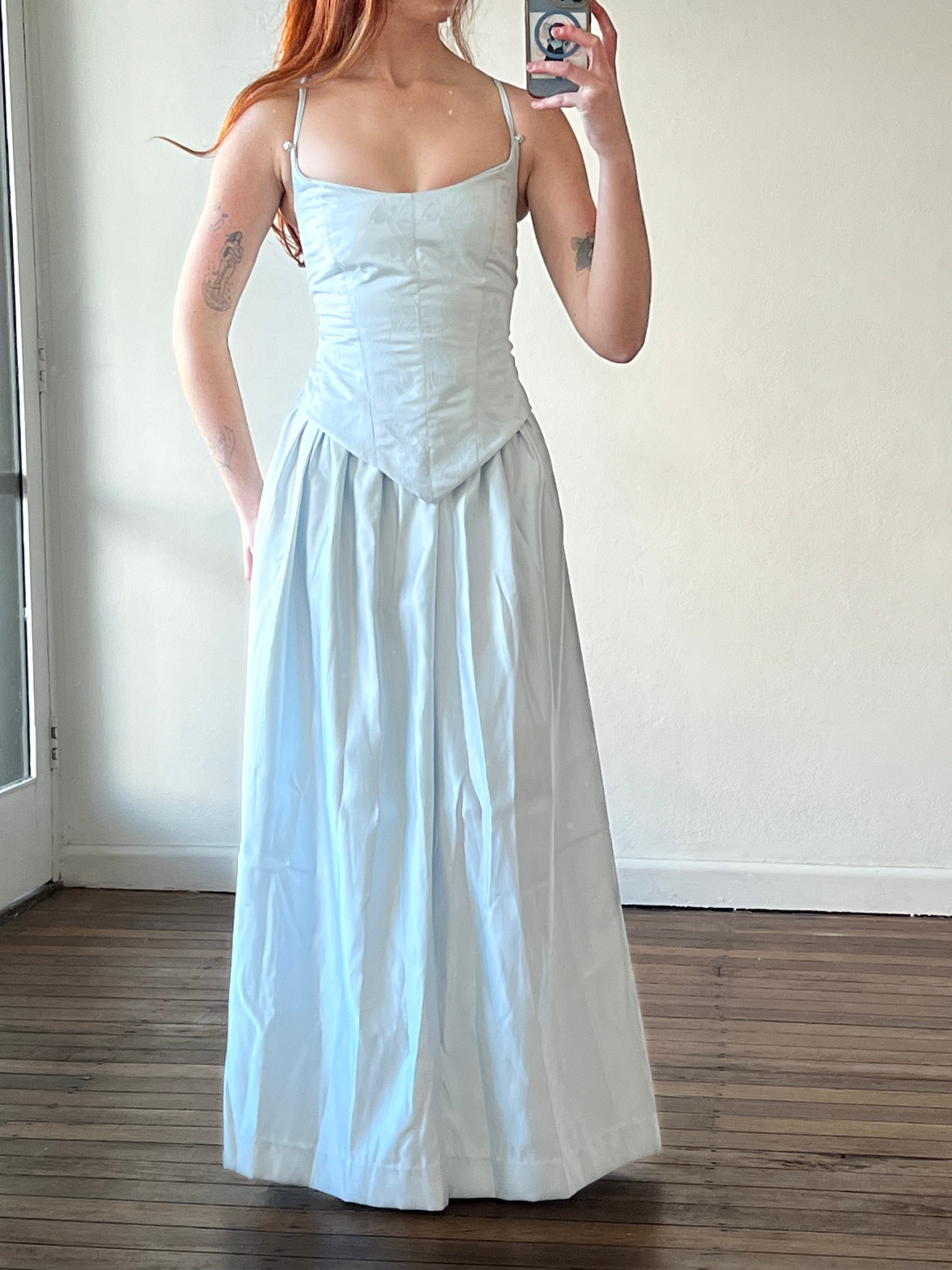 90s Baby Blue Corset, Skirt, Neck Scarf and Bag Set