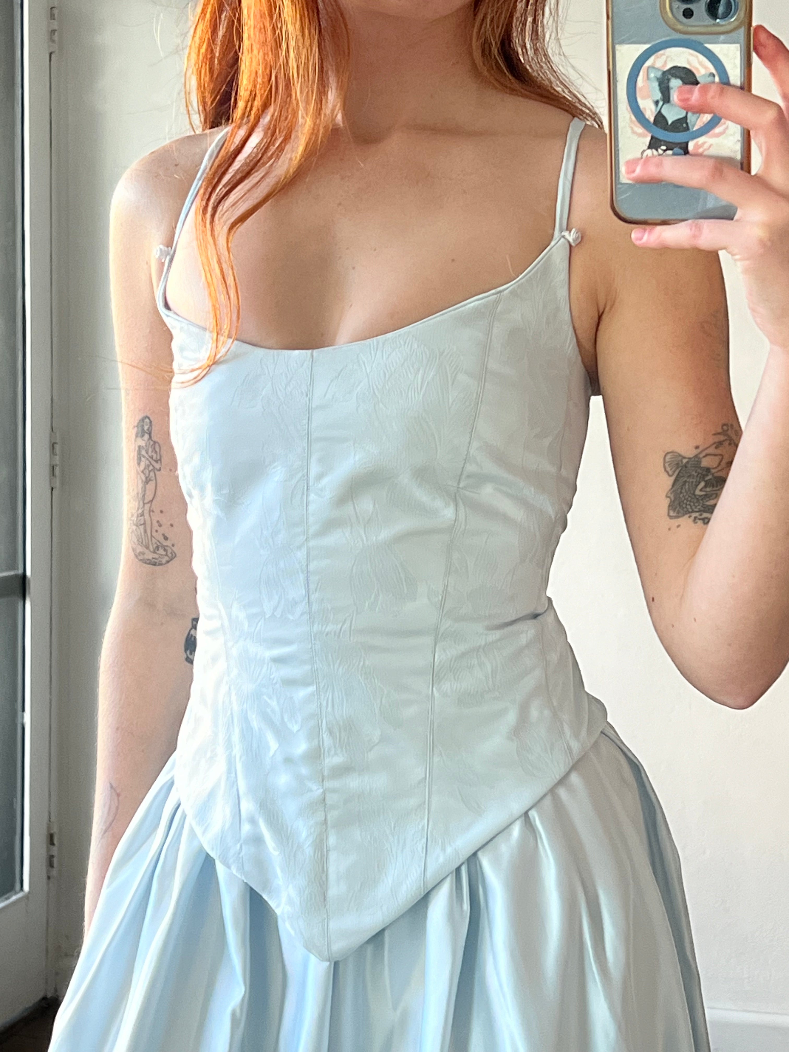 90s Baby Blue Corset, Skirt, Neck Scarf and Bag Set