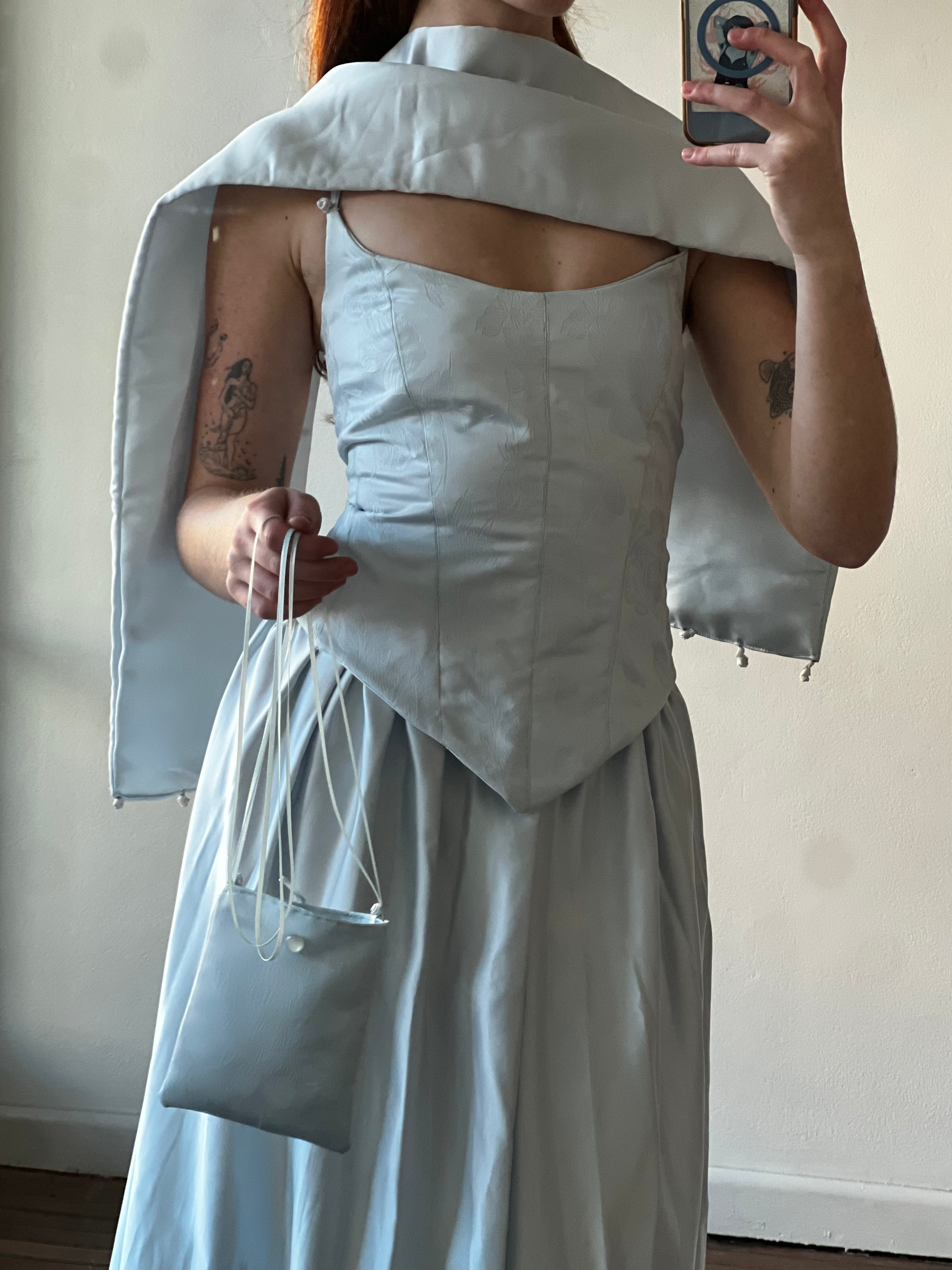 90s Baby Blue Corset, Skirt, Neck Scarf and Bag Set