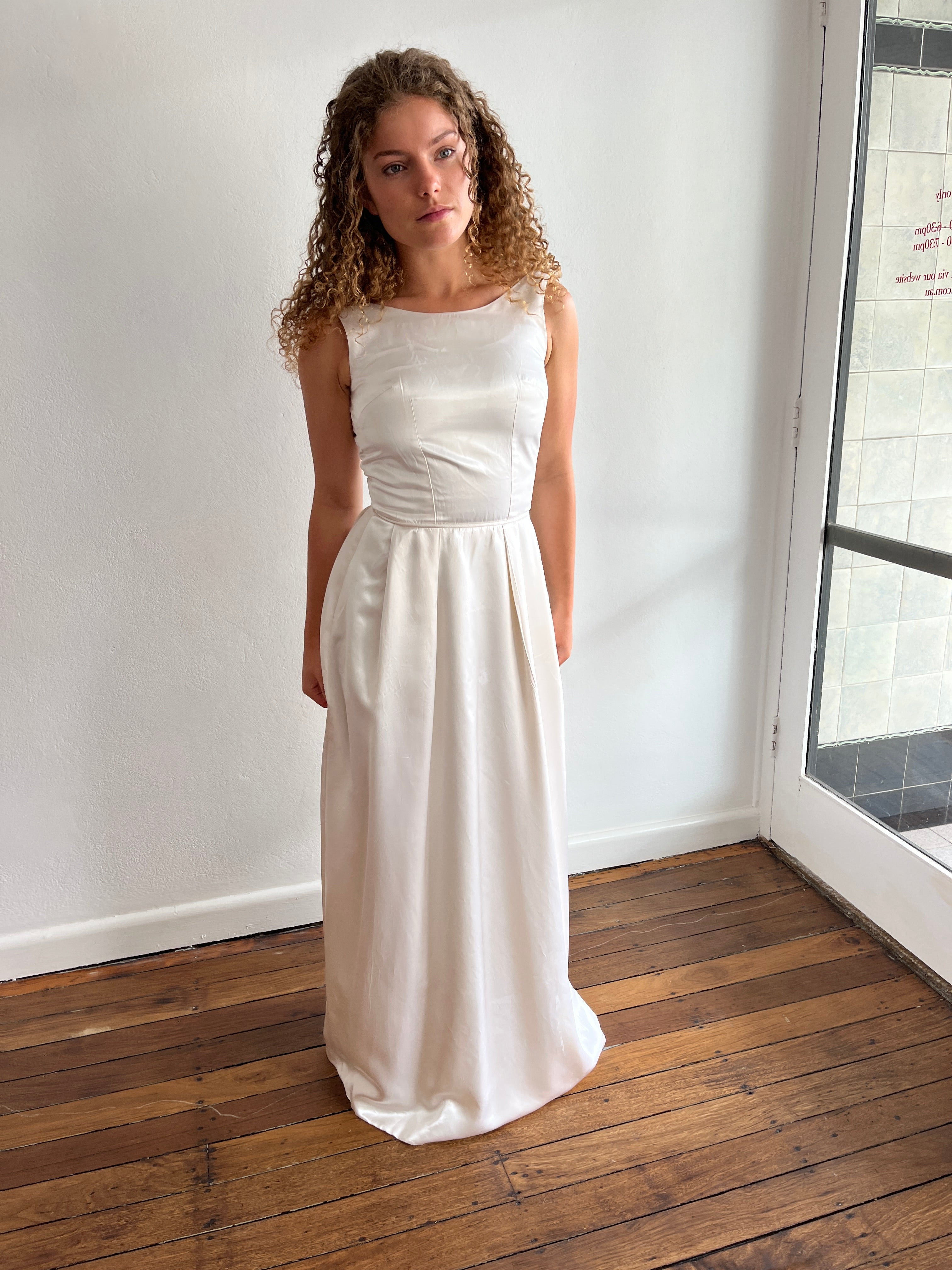 50s Champagne Silk-satin Boat Neckline A-line Dress