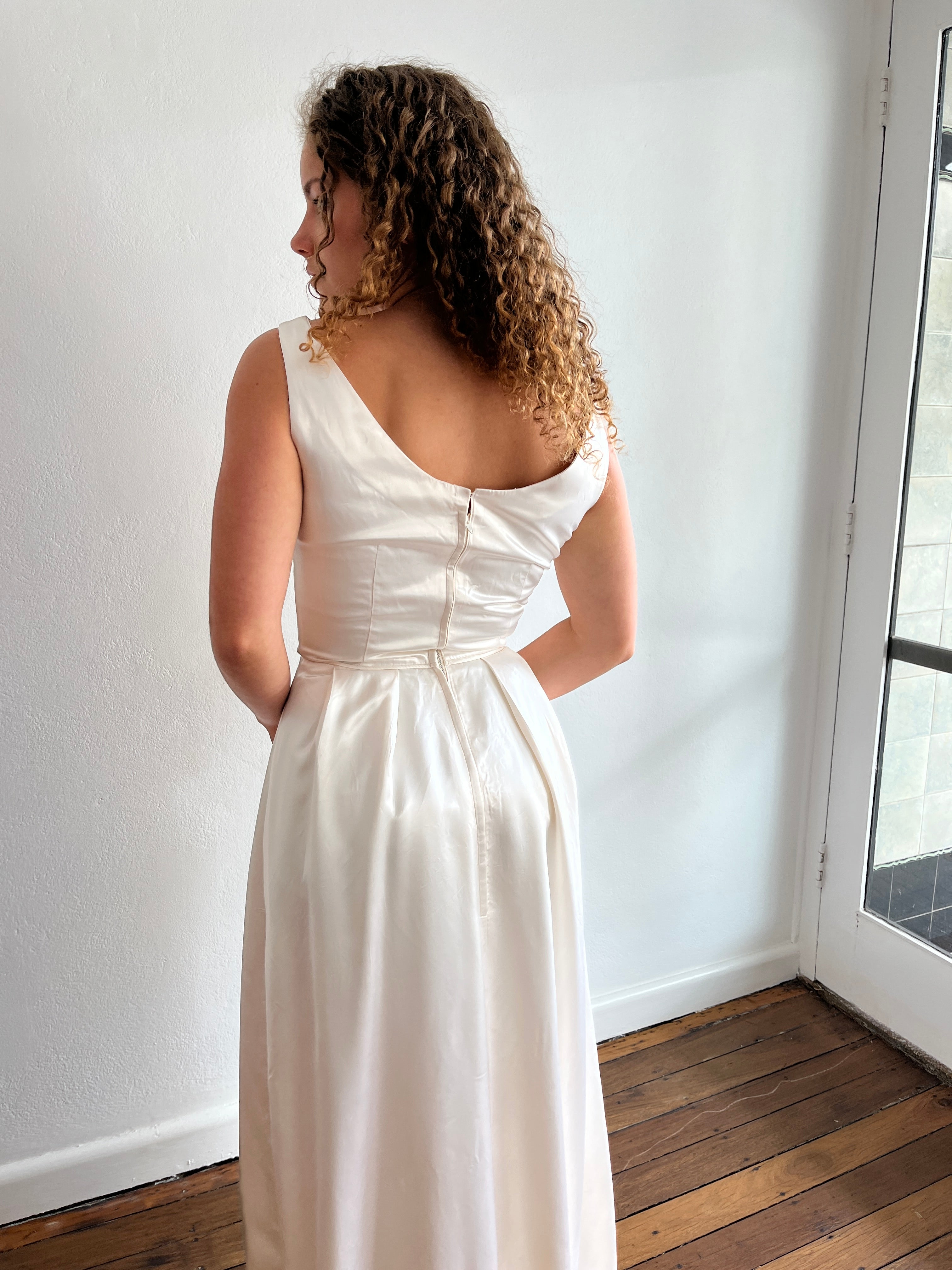 50s Champagne Silk-satin Boat Neckline A-line Dress