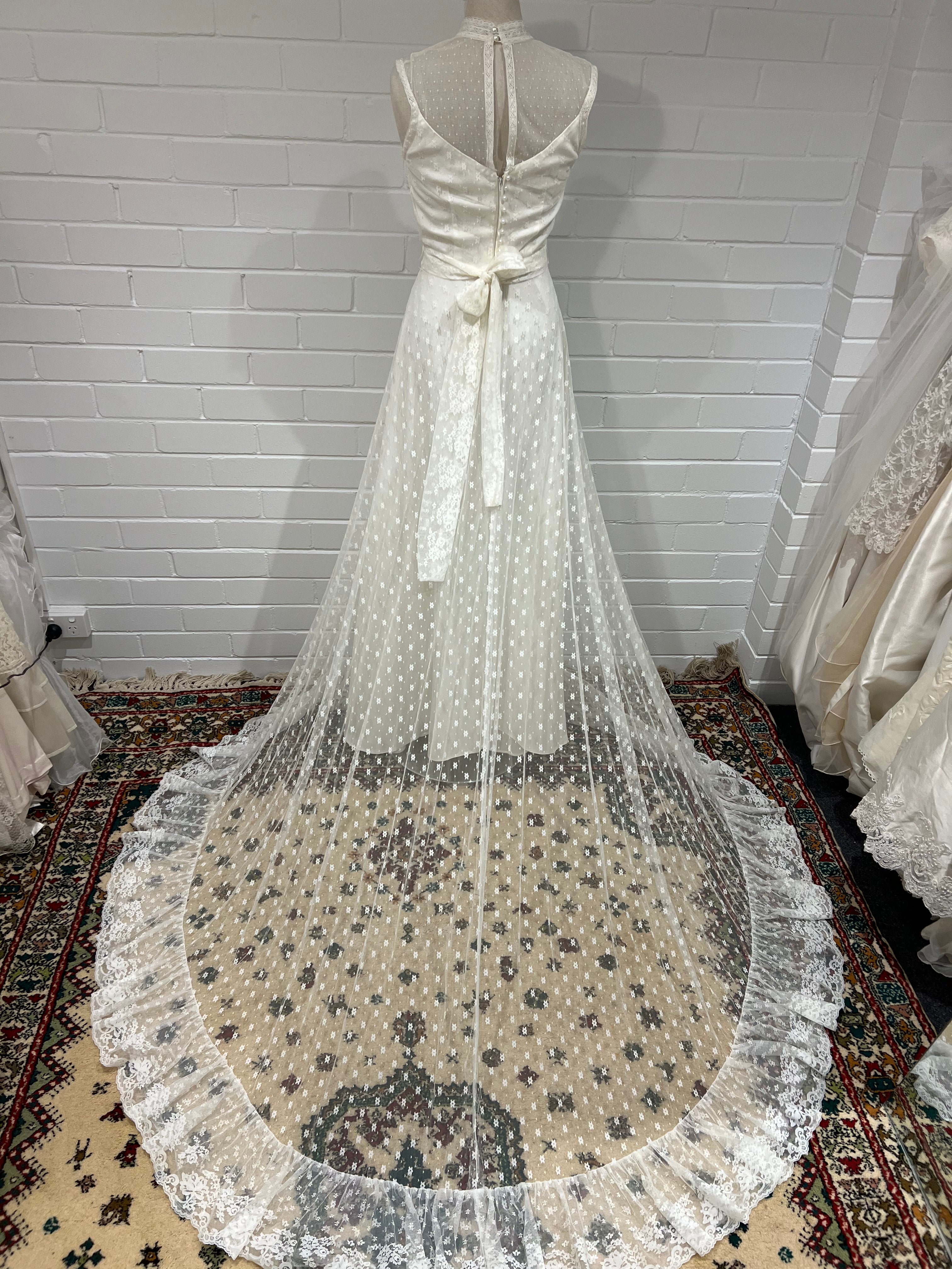 70s Lace Jewel Neckline Dress