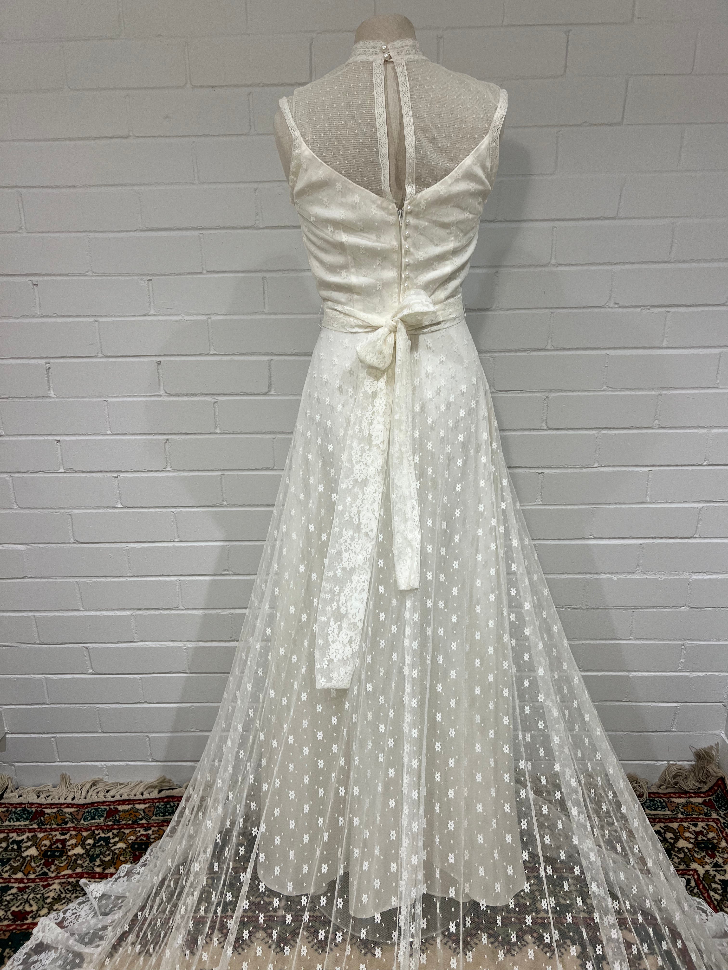 70s Lace Jewel Neckline Dress