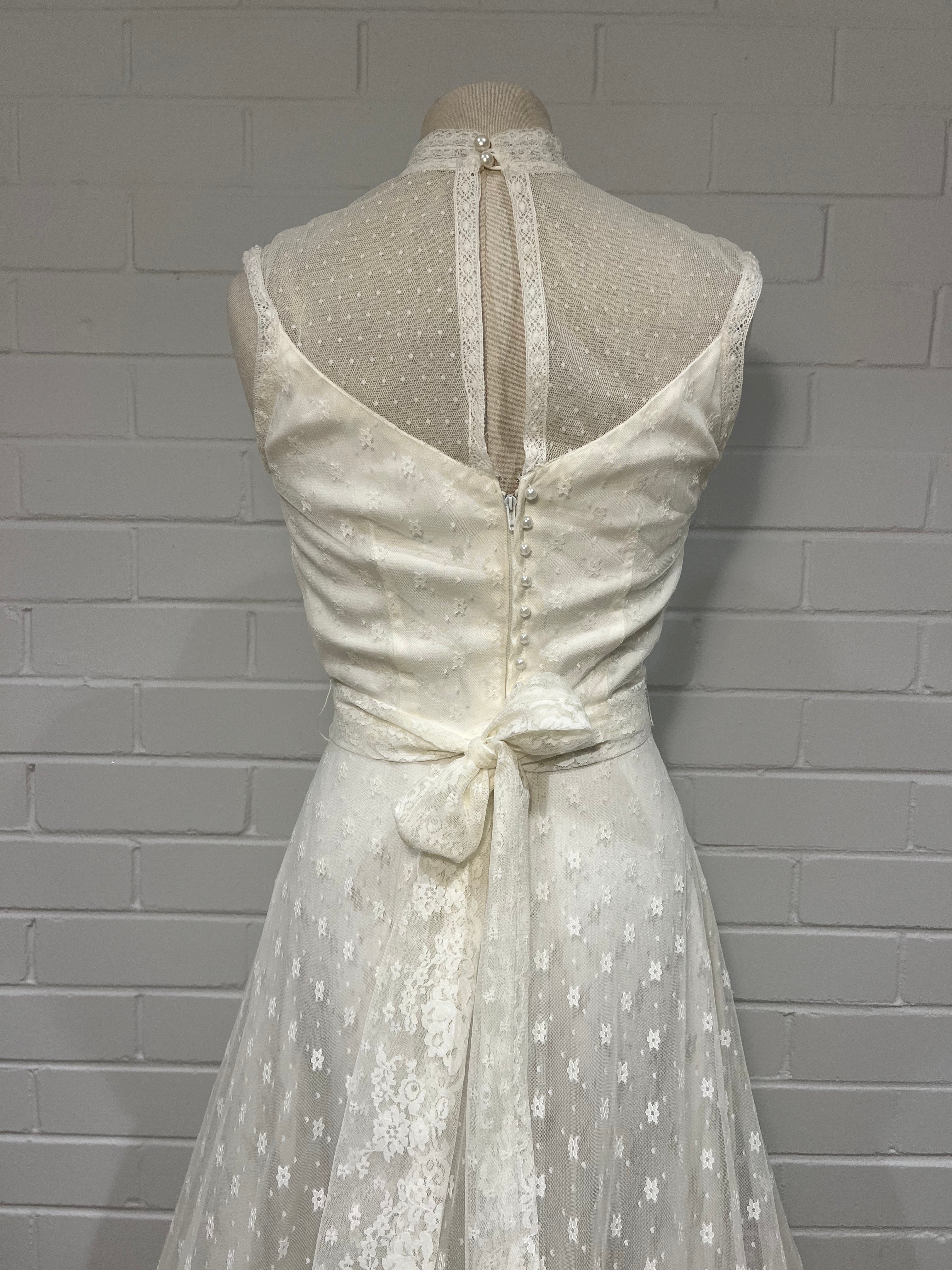 70s Lace Jewel Neckline Dress