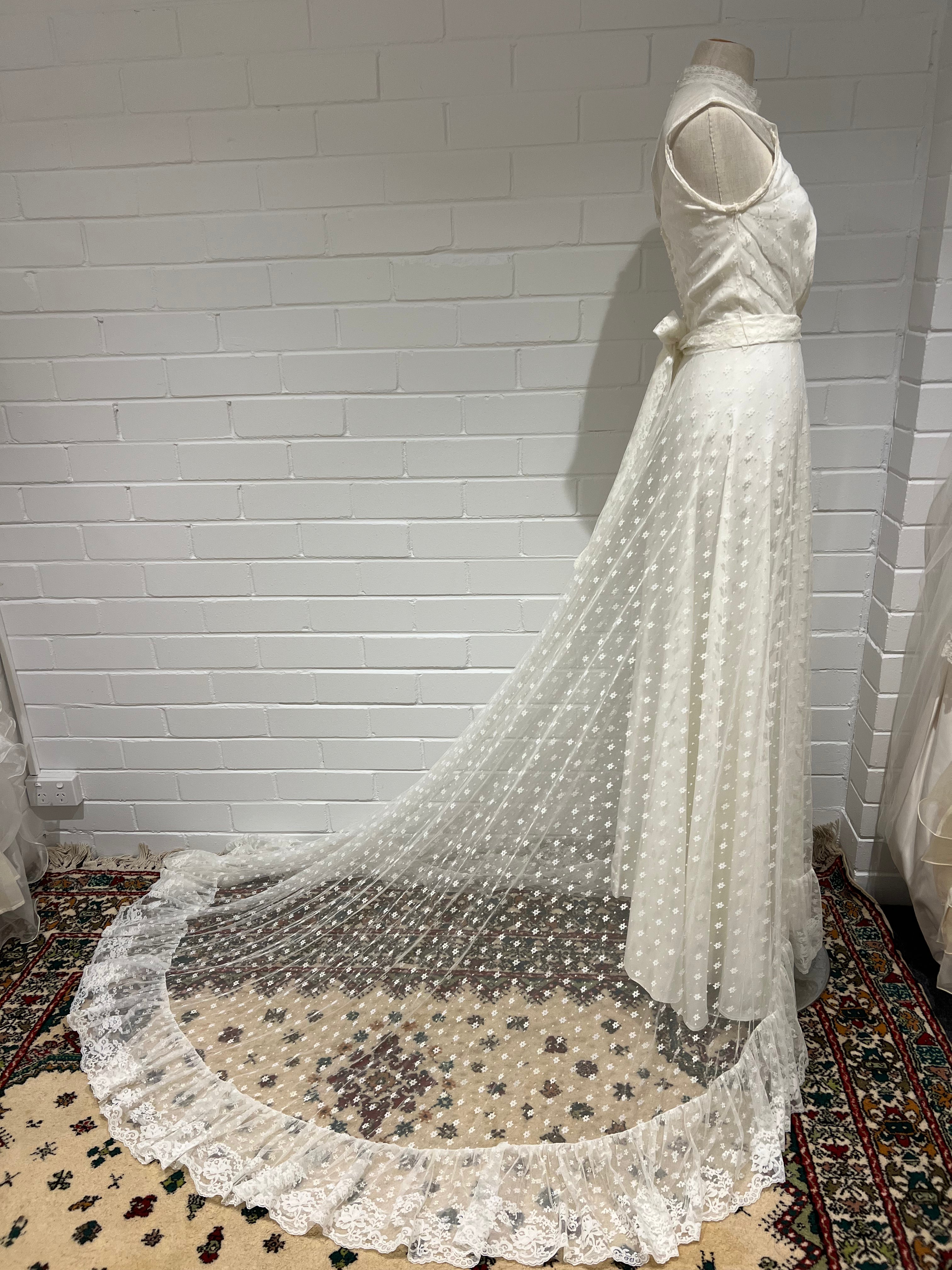 70s Lace Jewel Neckline Dress