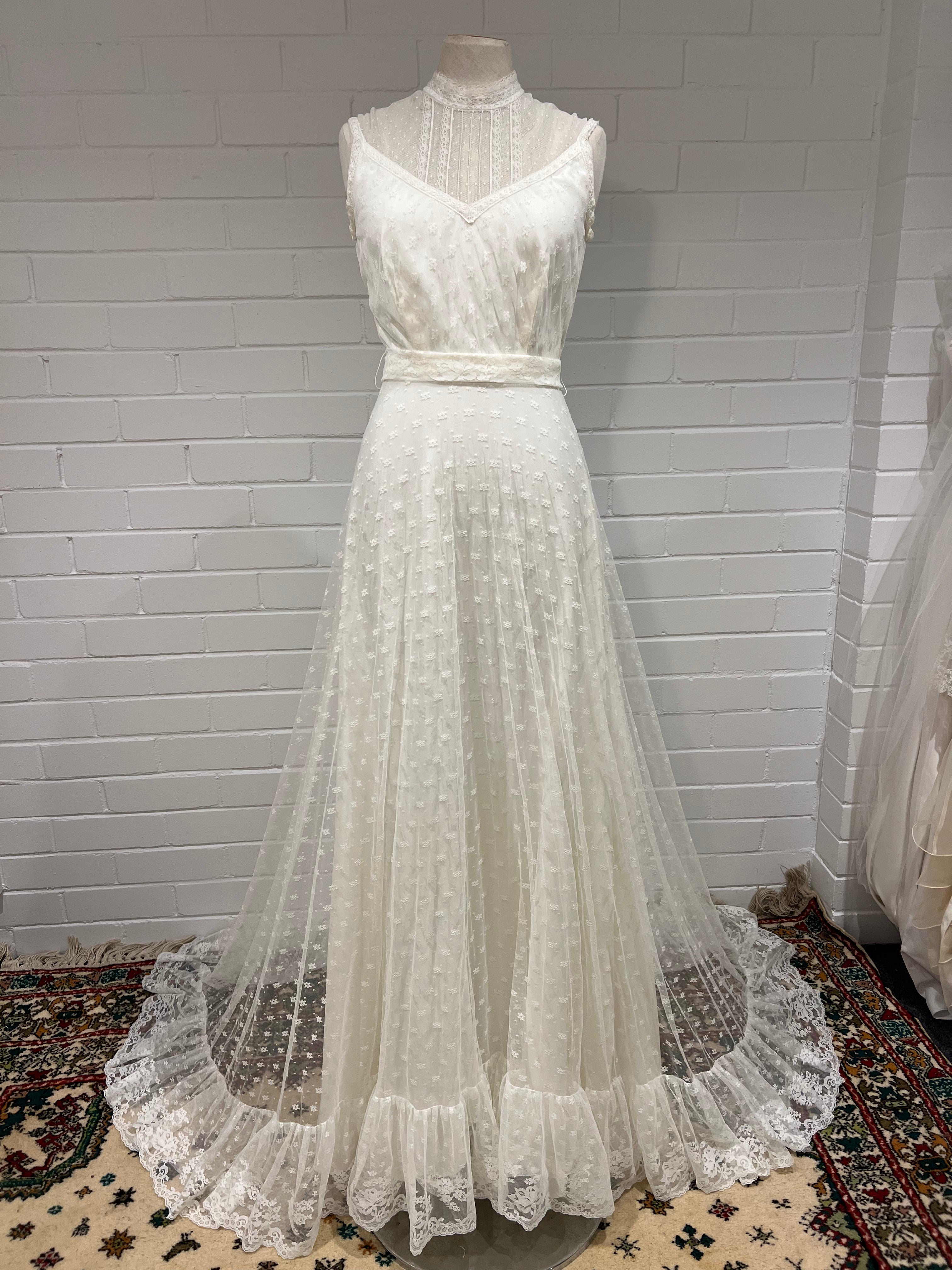 70s Lace Jewel Neckline Dress