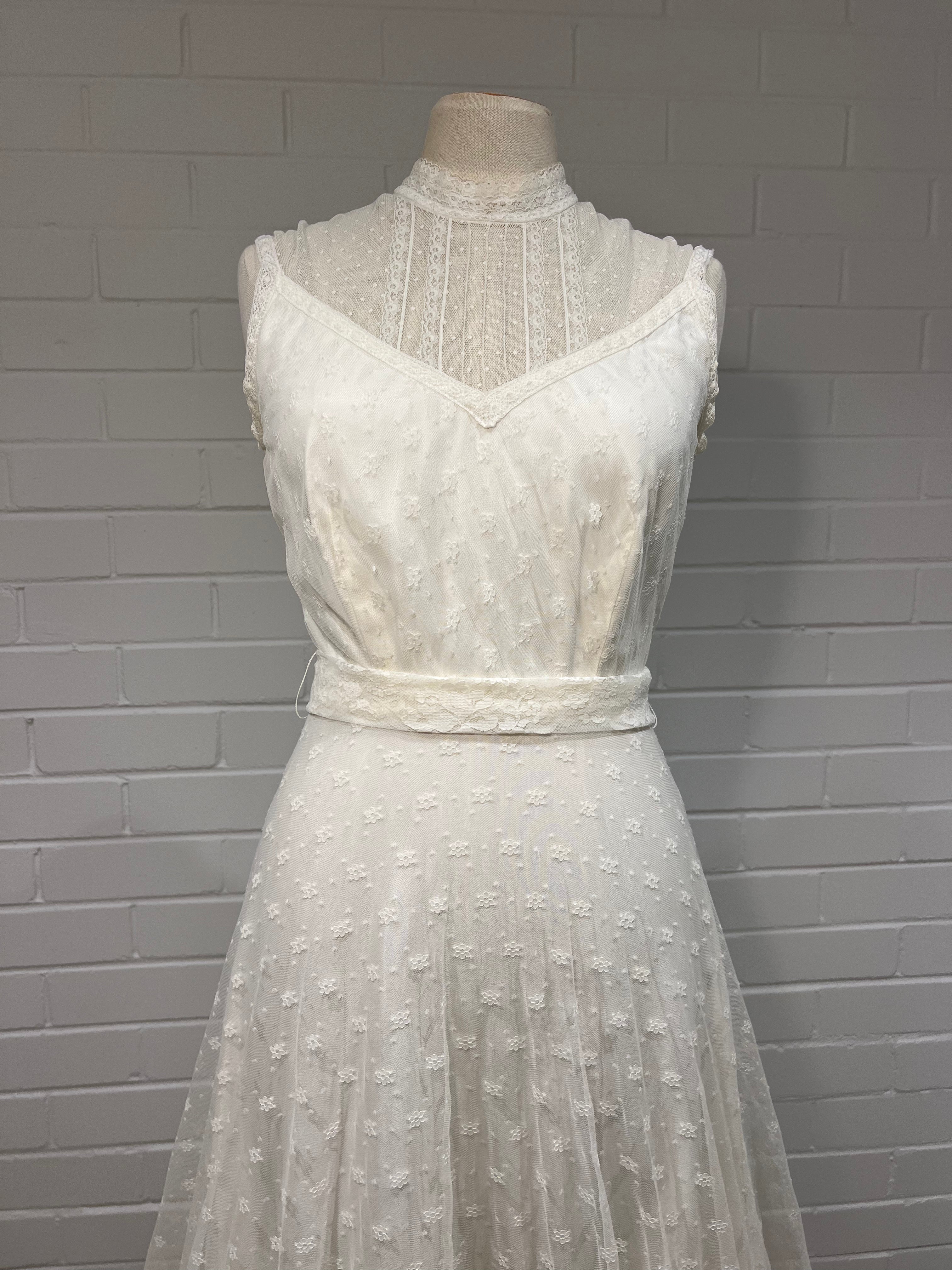 70s Lace Jewel Neckline Dress