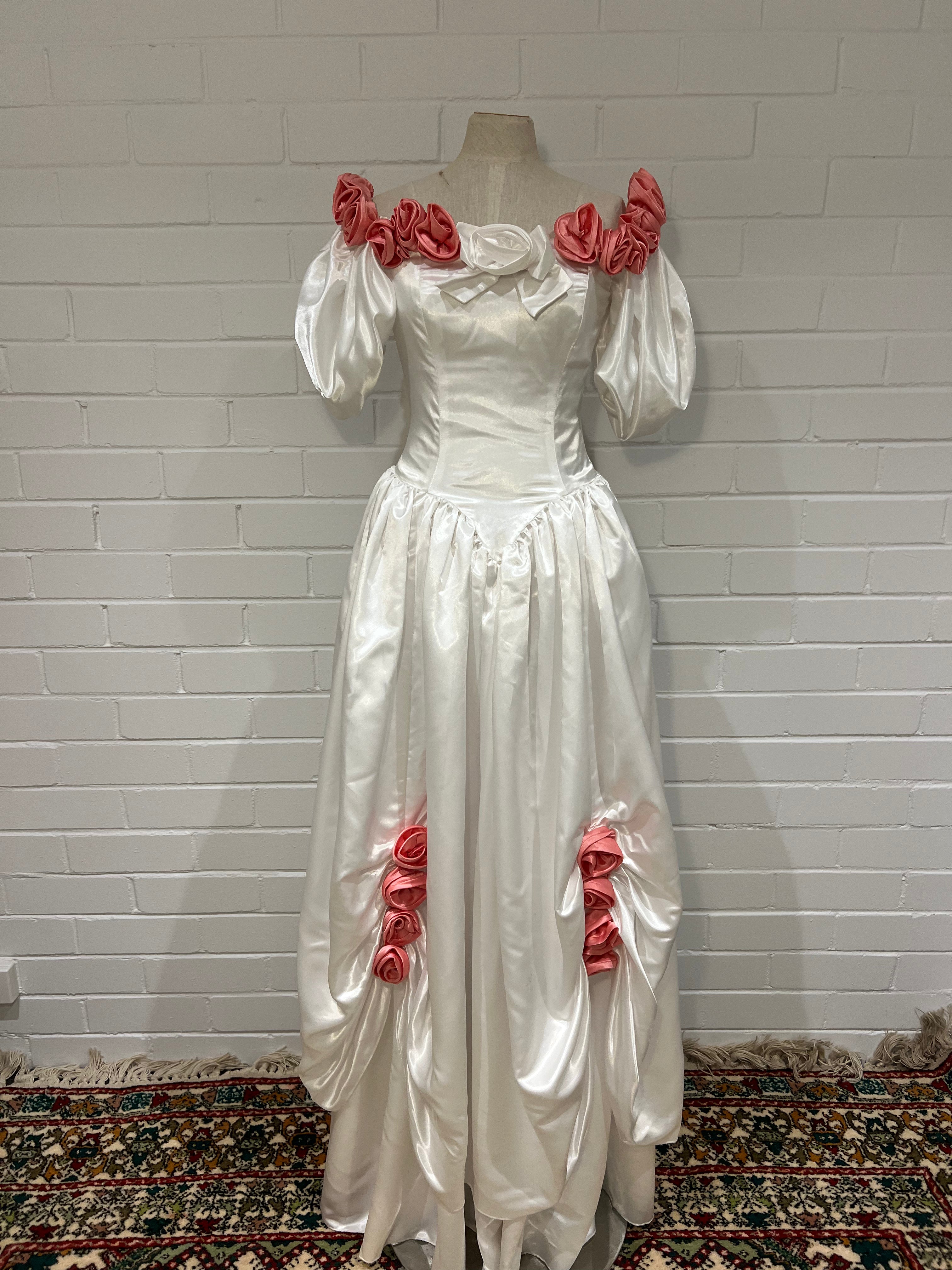 80s Pink Rosette Basque Waist Dress