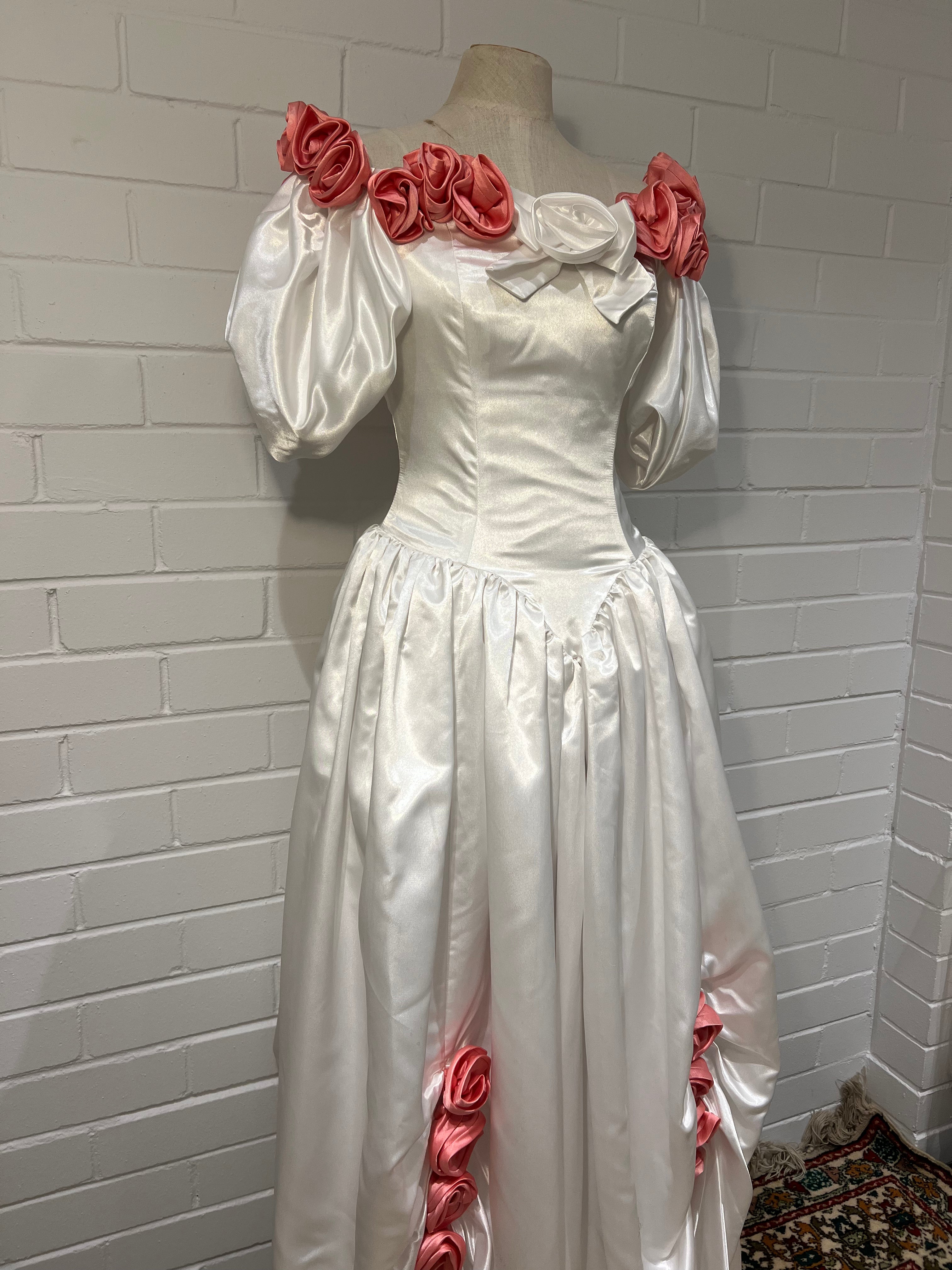 80s Pink Rosette Basque Waist Dress
