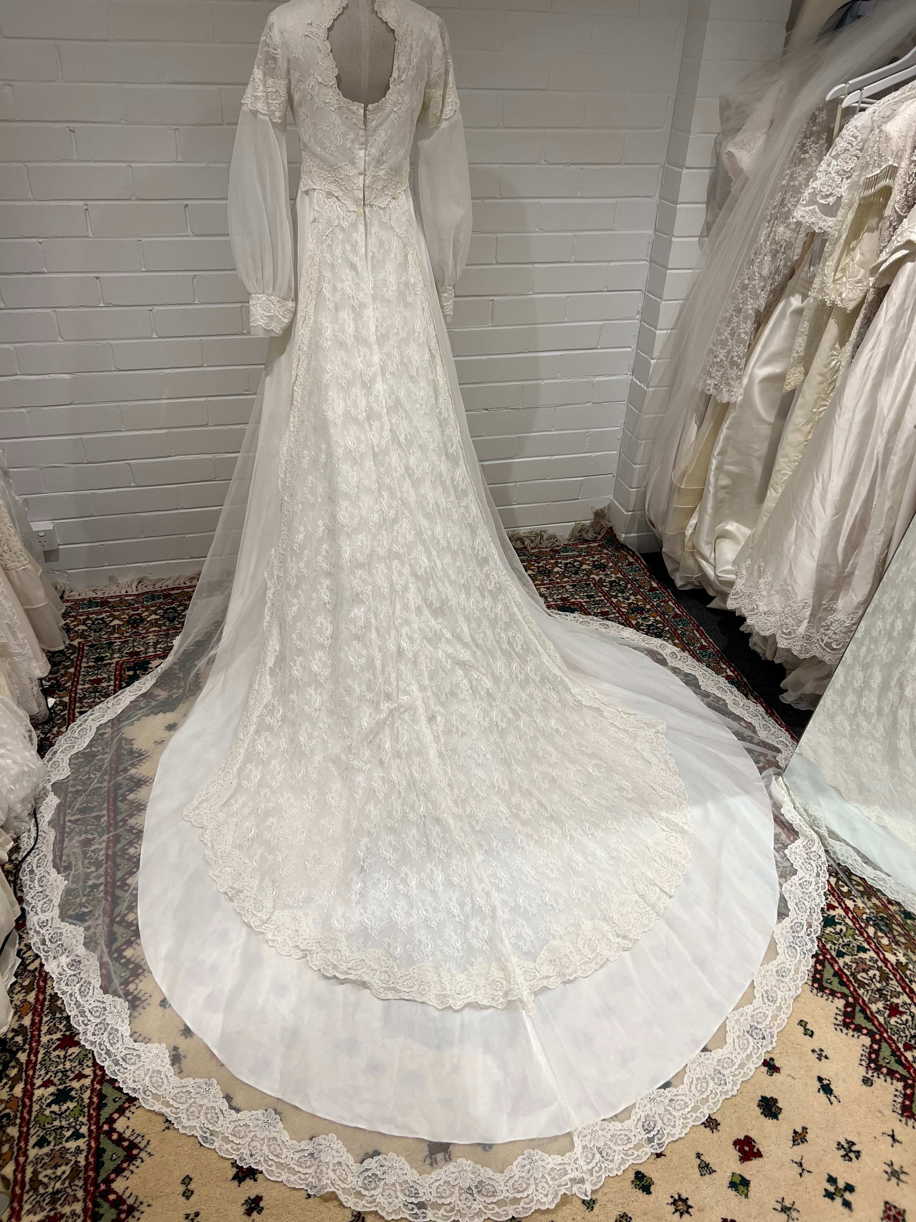70s Lace, Pearl and Pleat Dress