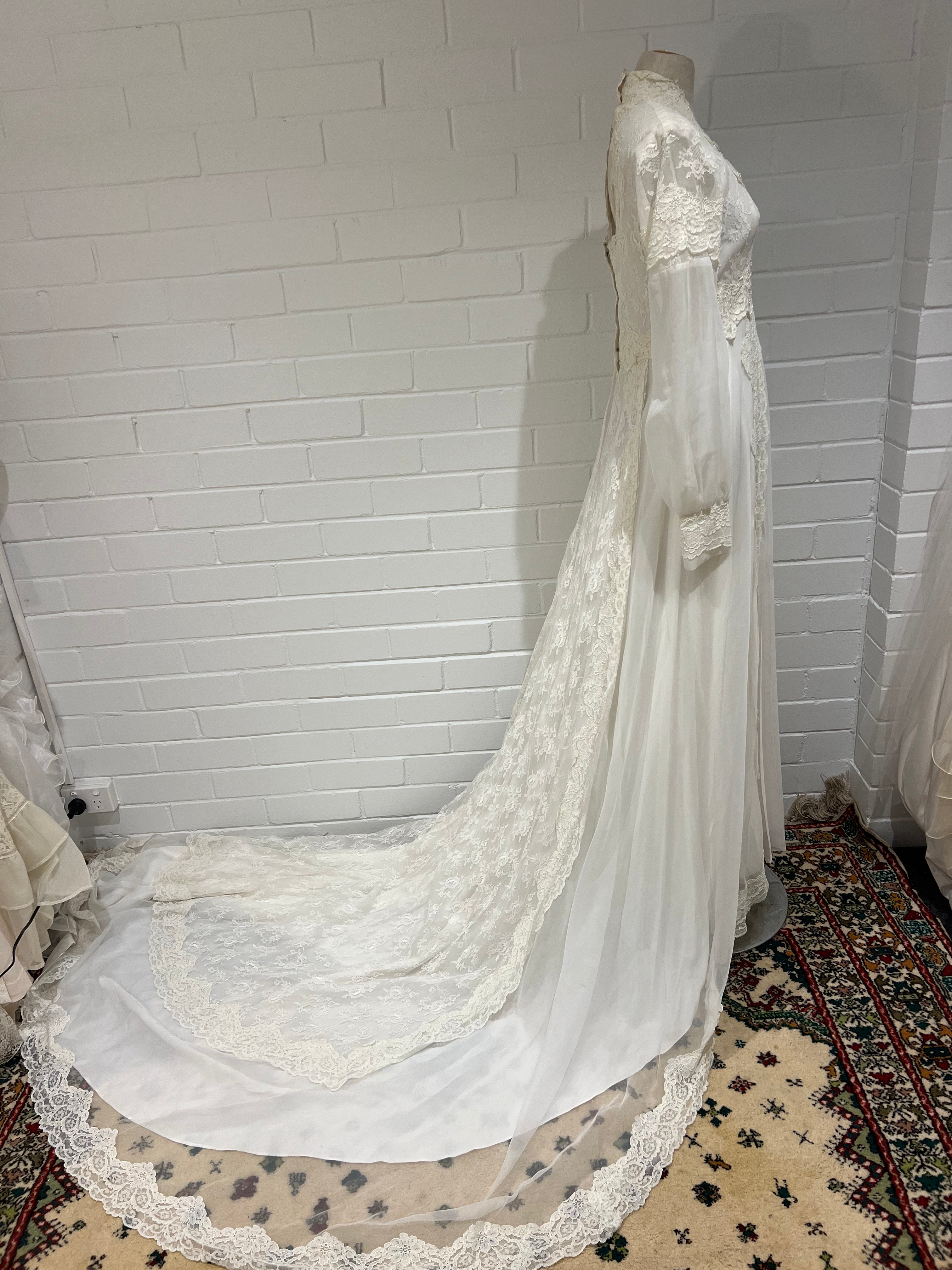 70s Lace, Pearl and Pleat Dress