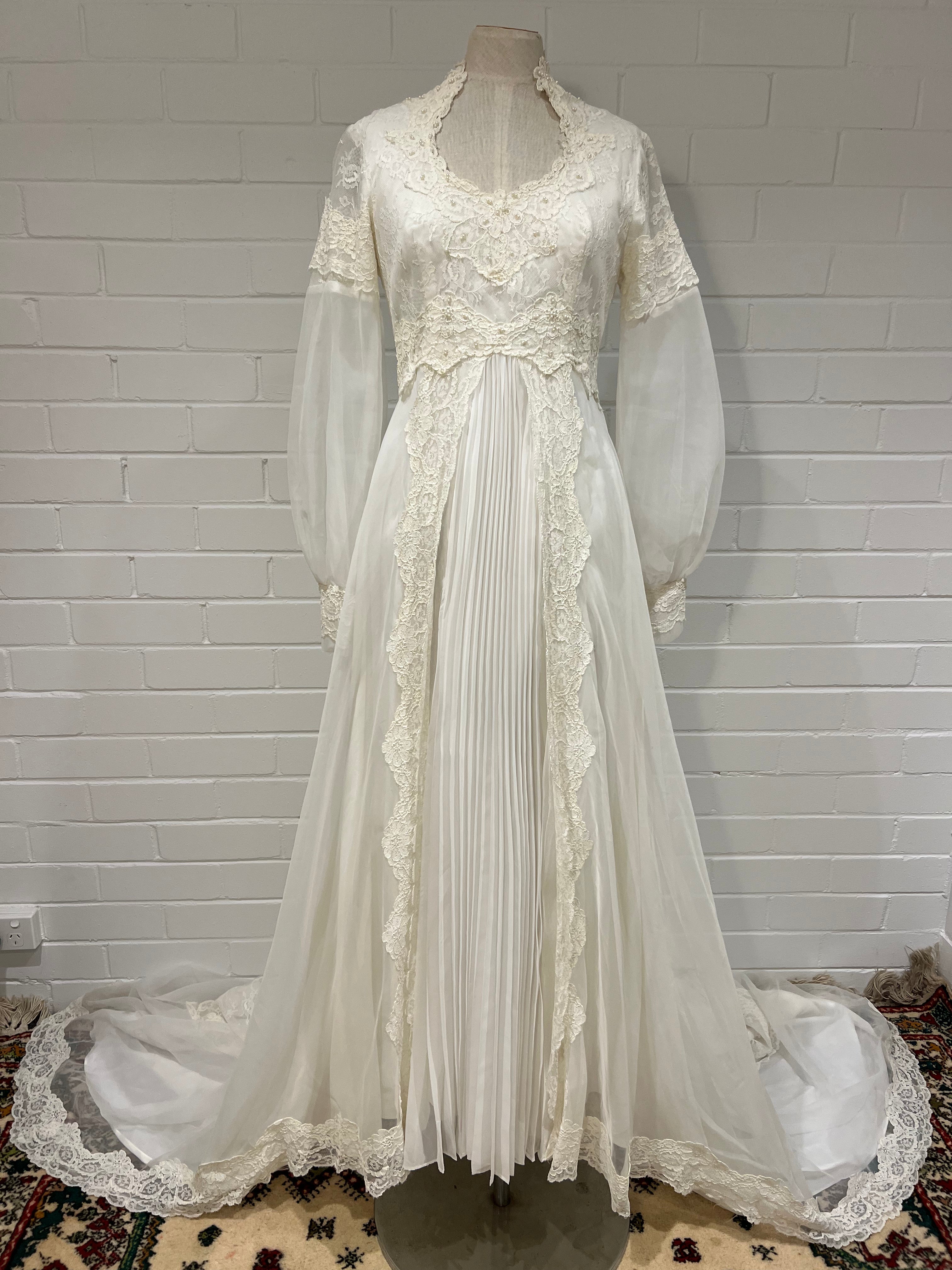 70s Lace, Pearl and Pleat Dress