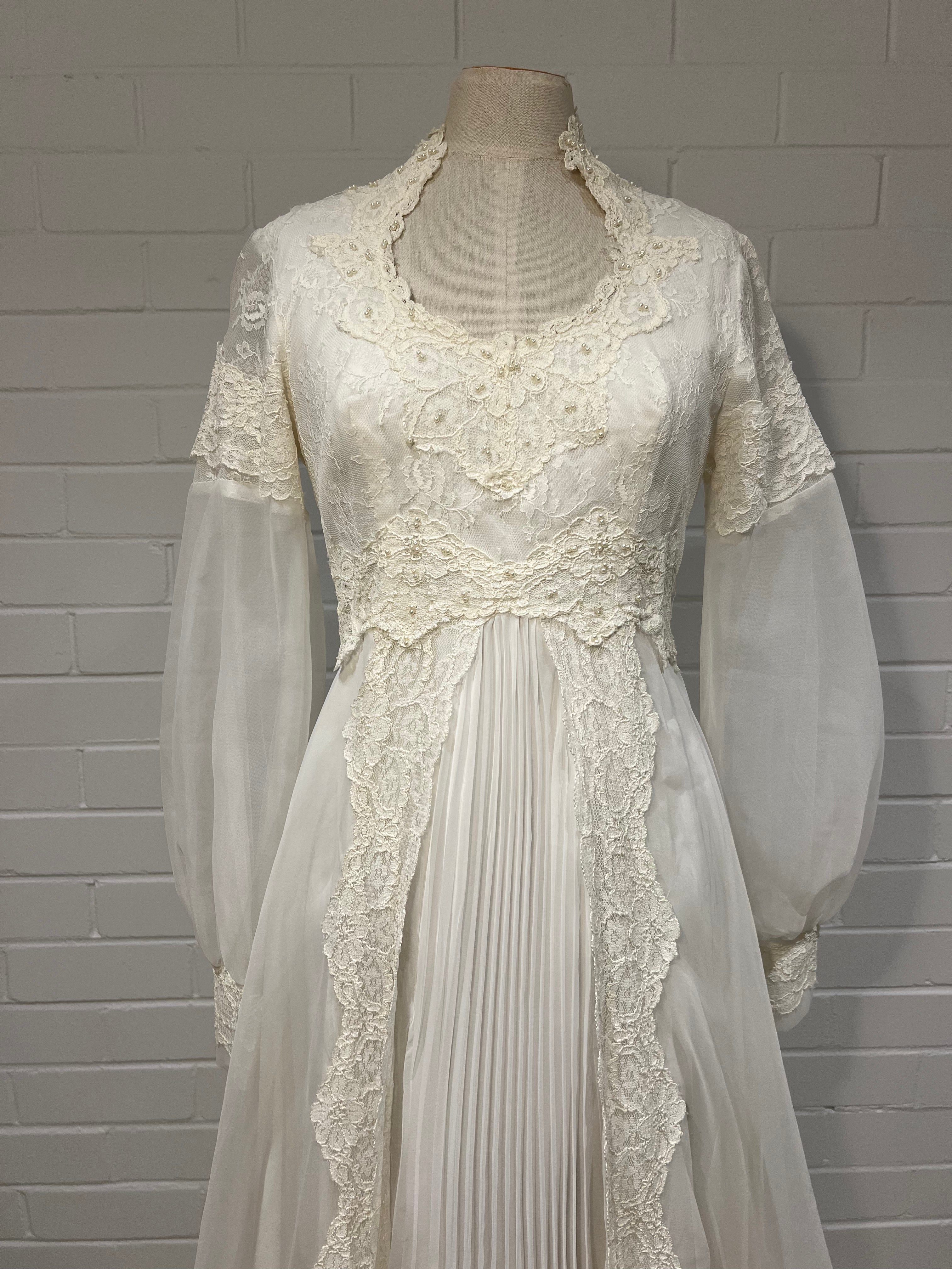 70s Lace, Pearl and Pleat Dress