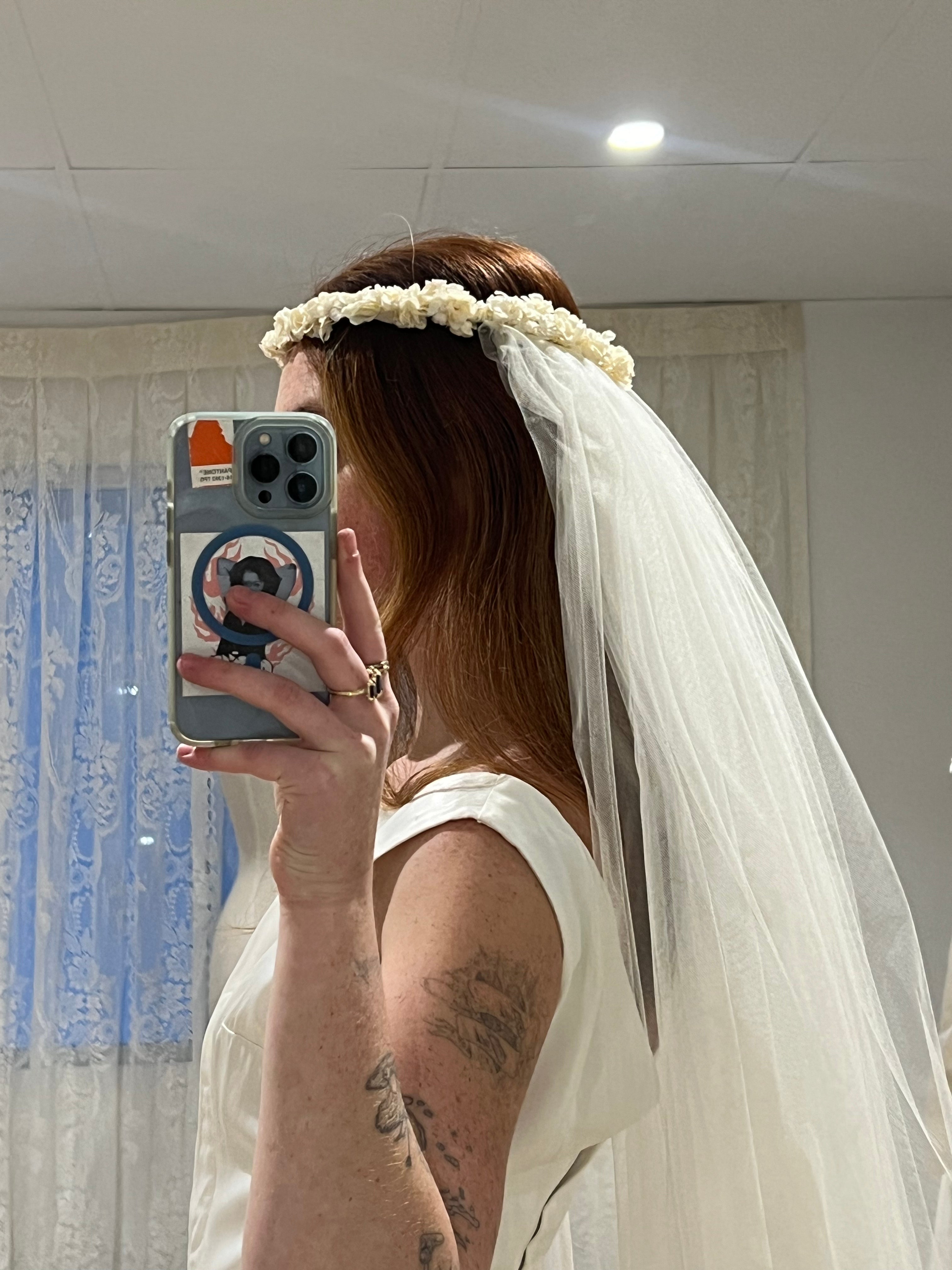 70s Flower Crown Tulle Veil with Blusher