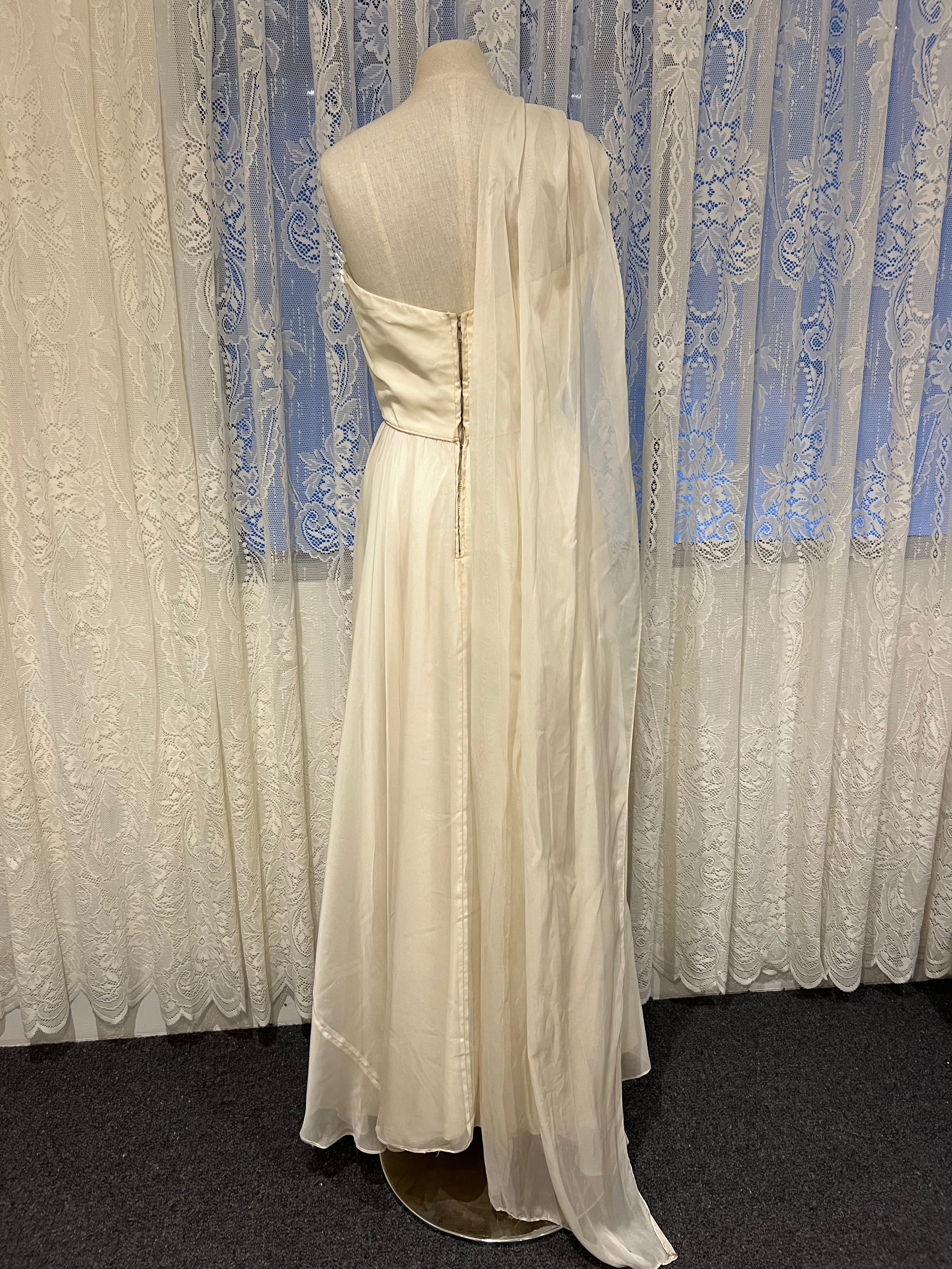 50s Beaded Silk Chiffon Strapless Dress with Neck Scarf