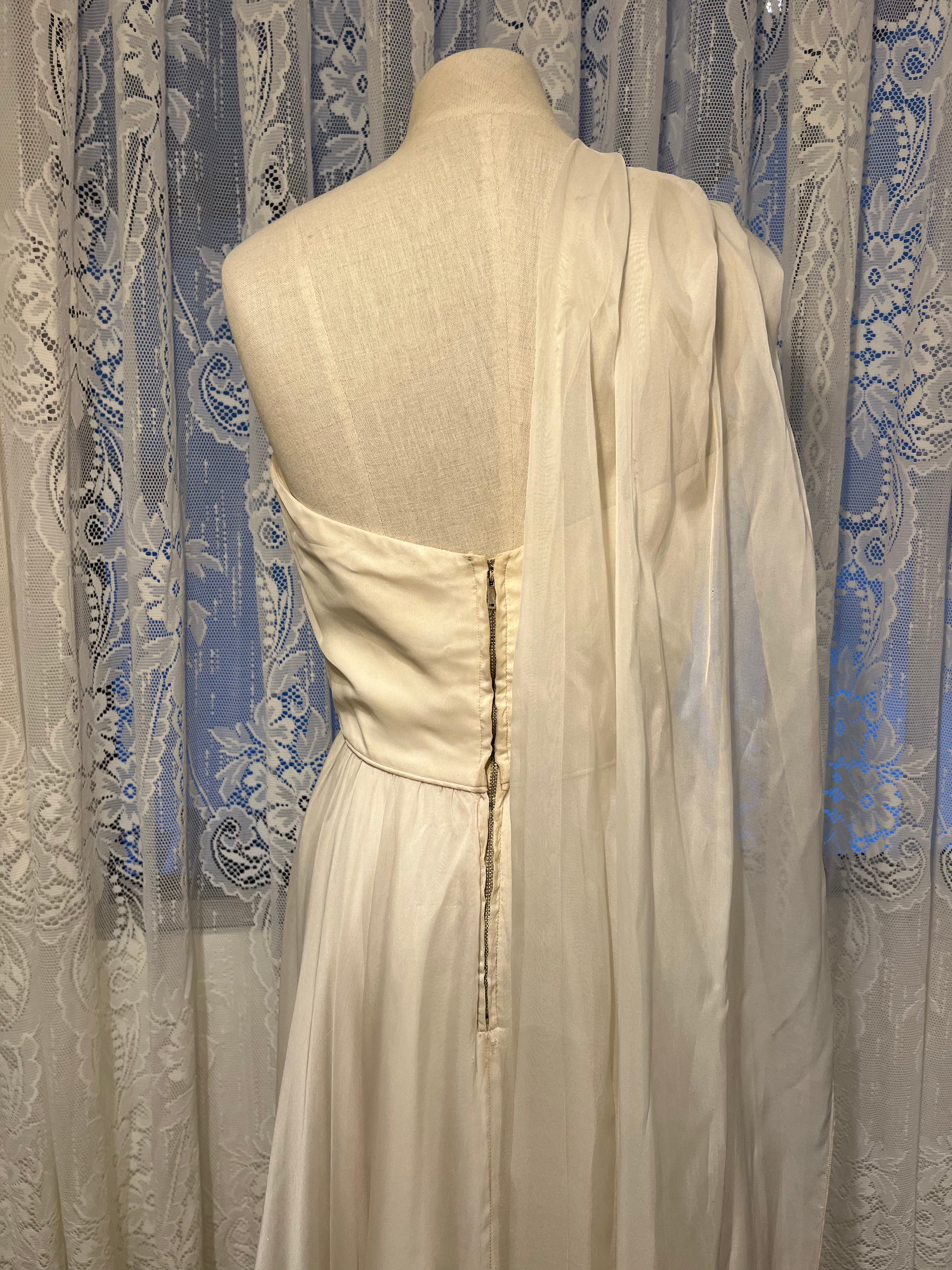 50s Beaded Silk Chiffon Strapless Dress with Neck Scarf