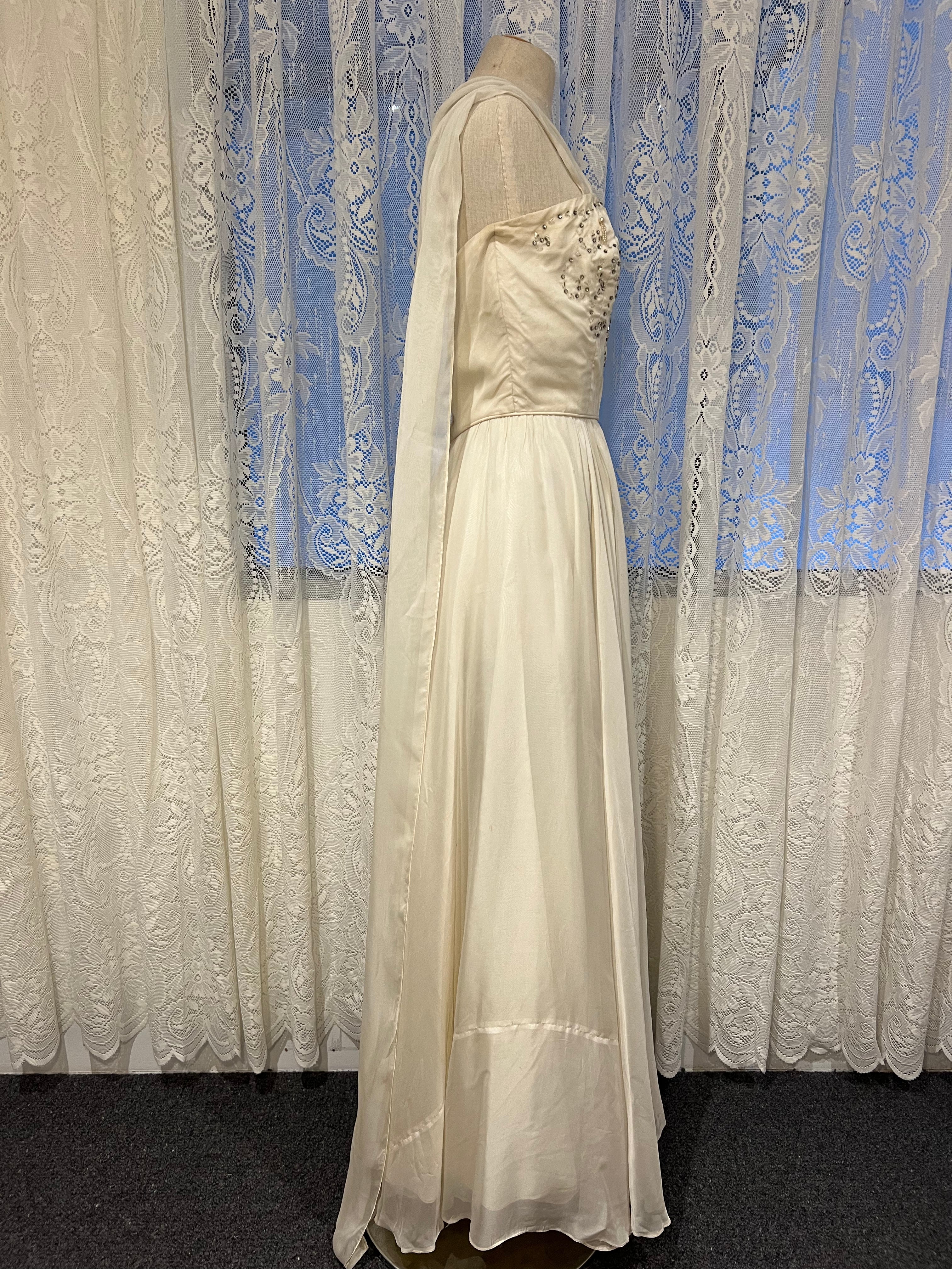 50s Beaded Silk Chiffon Strapless Dress with Neck Scarf