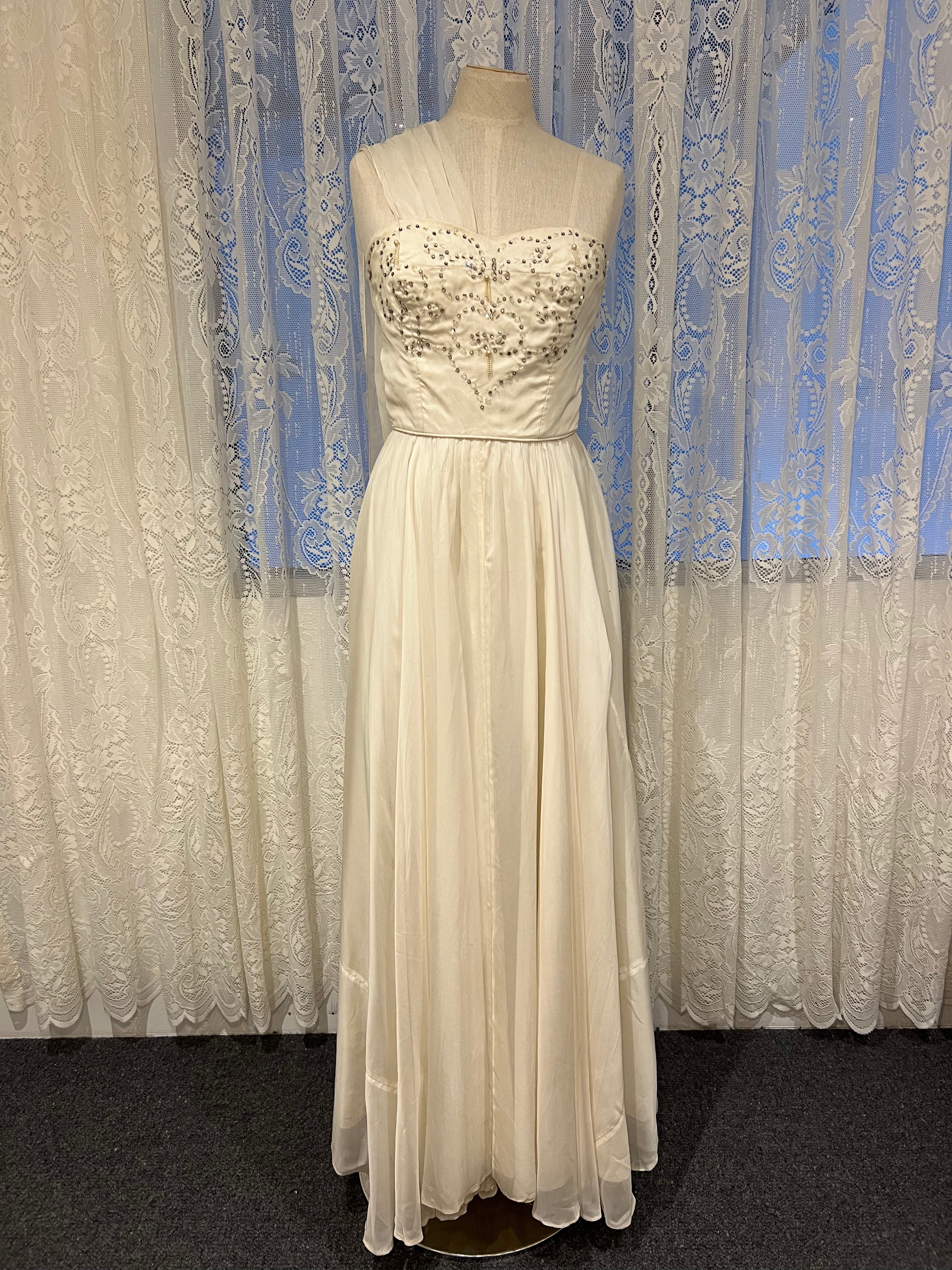 50s Beaded Silk Chiffon Strapless Dress with Neck Scarf
