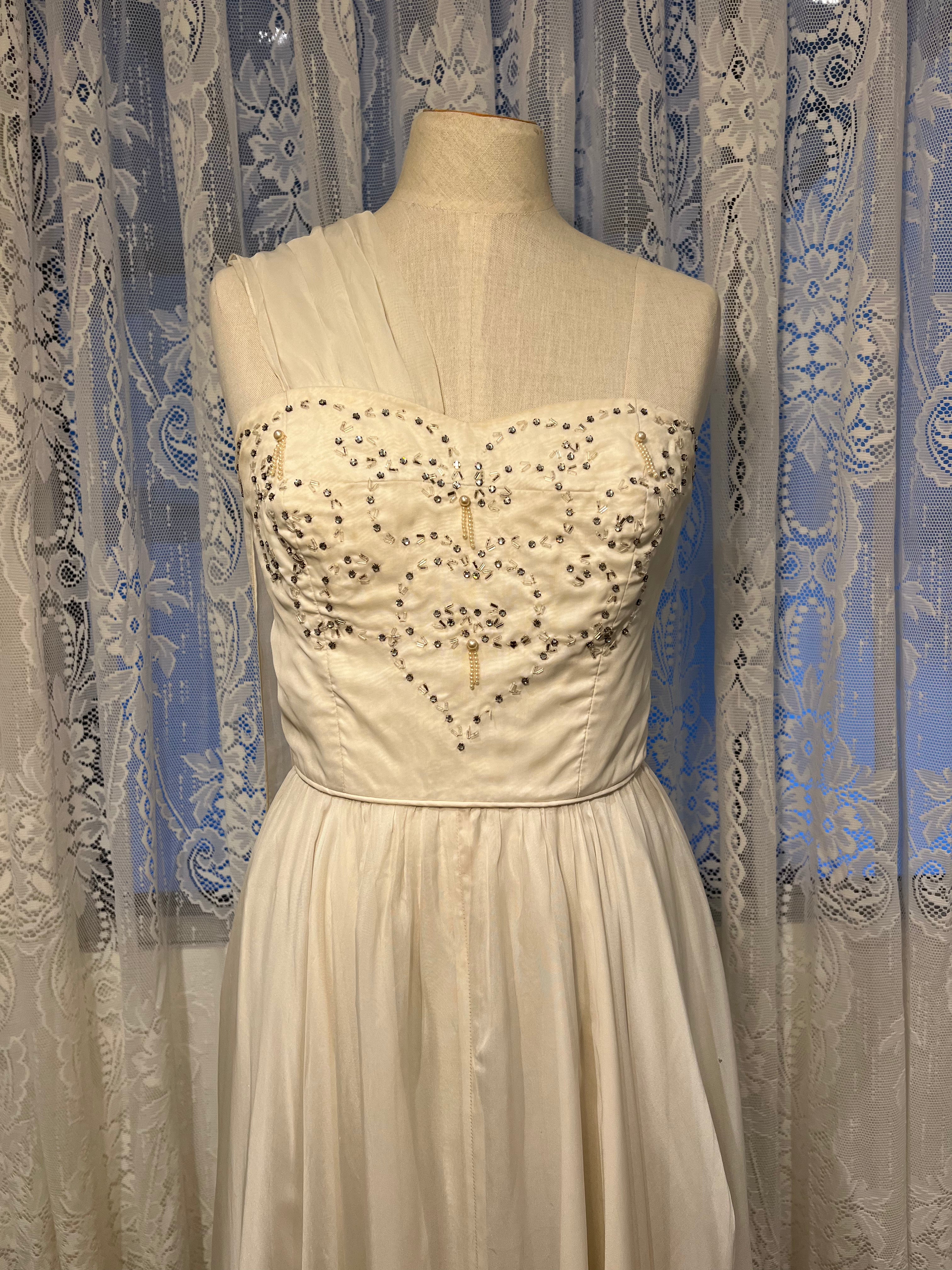 50s Beaded Silk Chiffon Strapless Dress with Neck Scarf