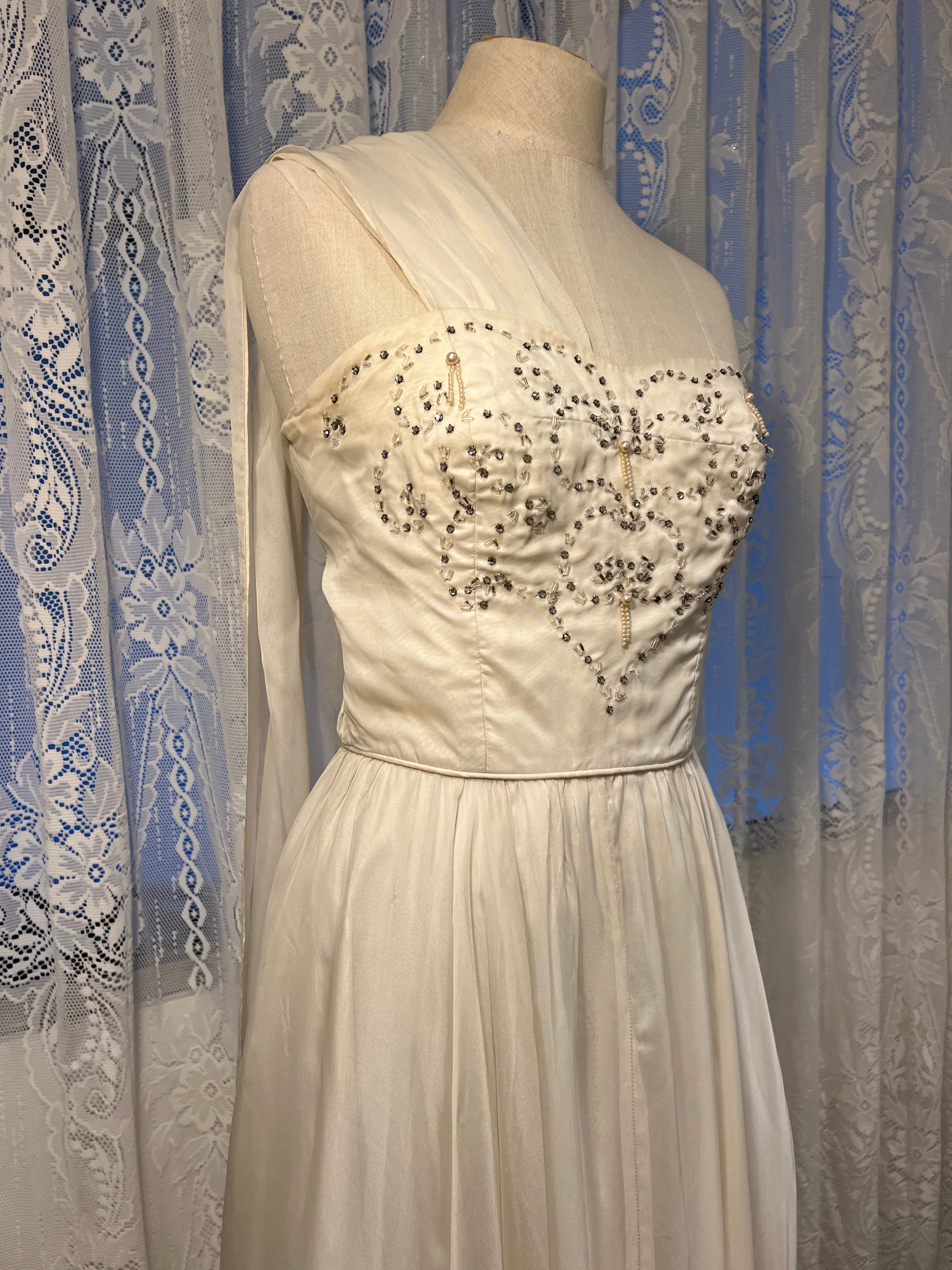 50s Beaded Silk Chiffon Strapless Dress with Neck Scarf