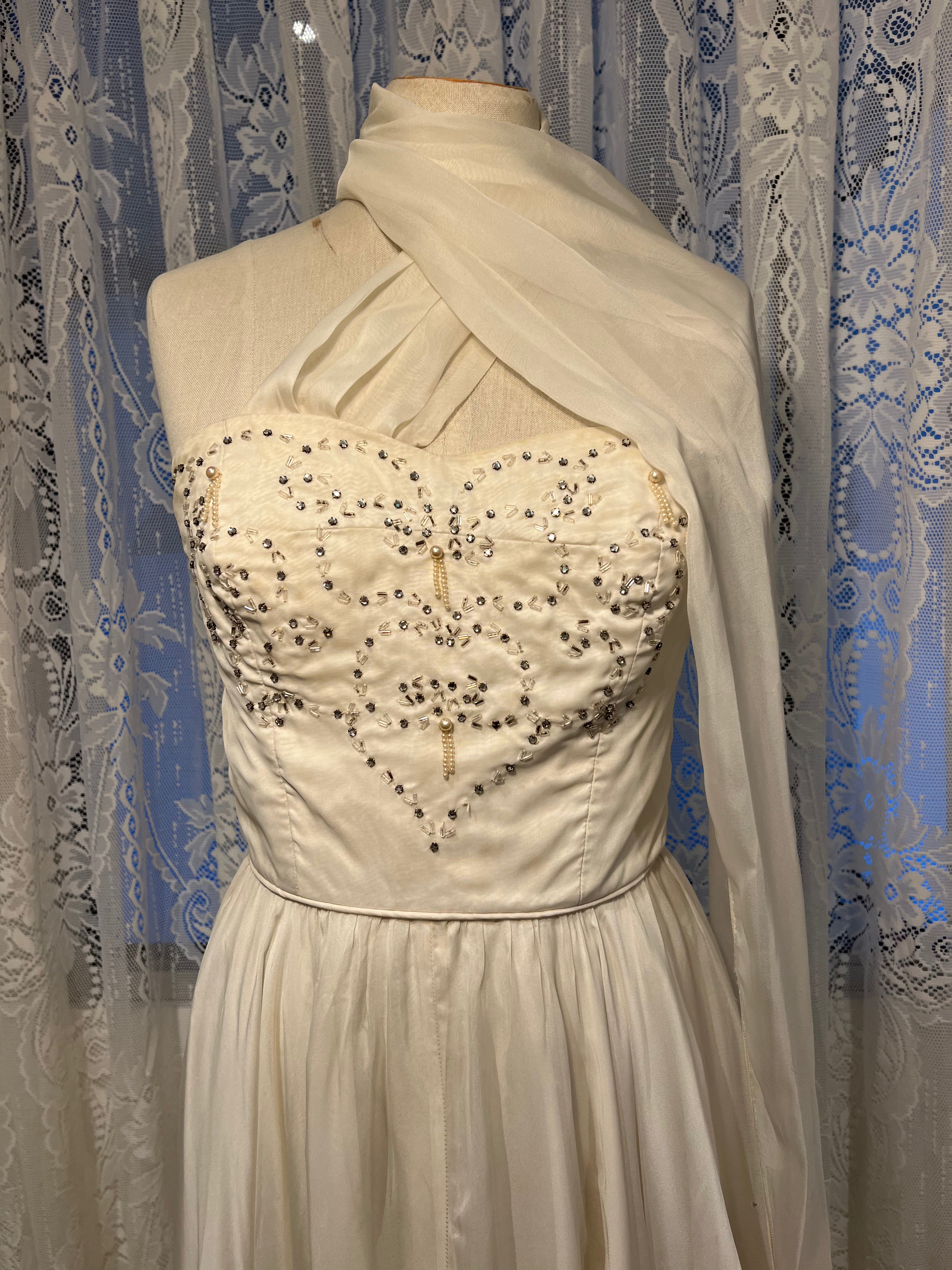 50s Beaded Silk Chiffon Strapless Dress with Neck Scarf