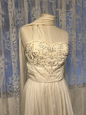 50s Beaded Silk Chiffon Strapless Dress with Neck Scarf